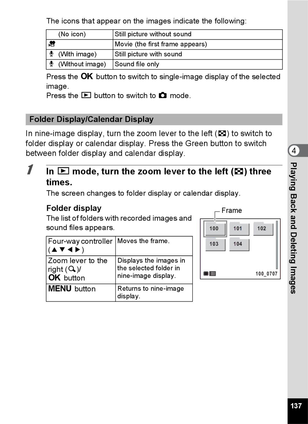 Pentax 14176 Q mode, turn the zoom lever to the left f three times, Folder Display/Calendar Display, Folder display, 137 