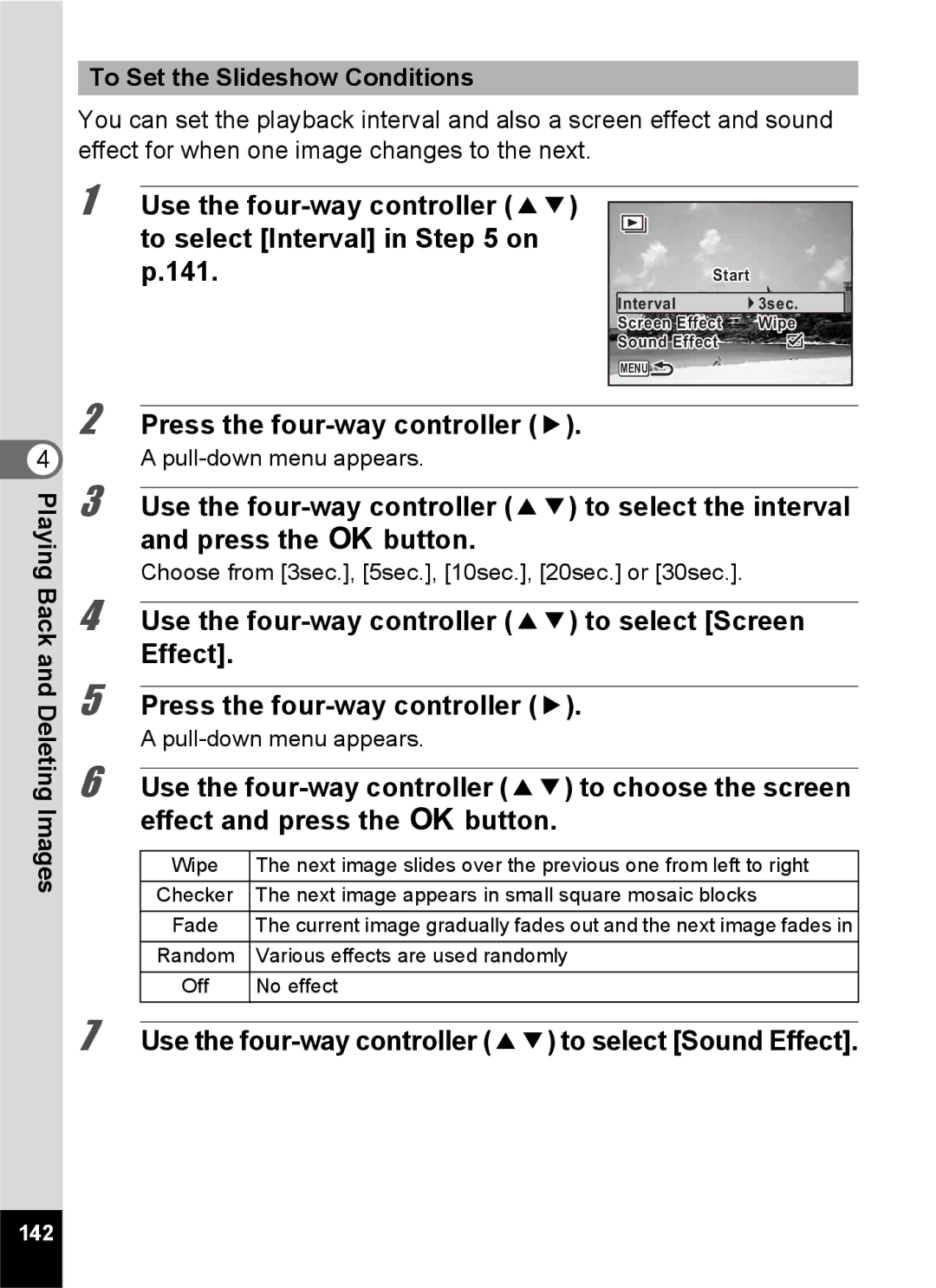 Pentax 14191 Use the four-way controller 23 to select Screen Effect, Use the four-way controller 23 to select Sound Effect 