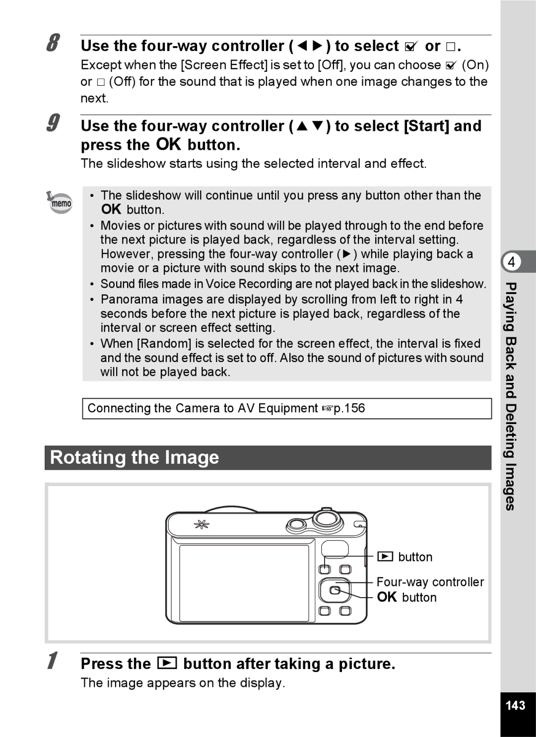 Pentax 14176, 14191, 14161 Rotating the Image, Button Four-way controller 4 button, Image appears on the display, 143 