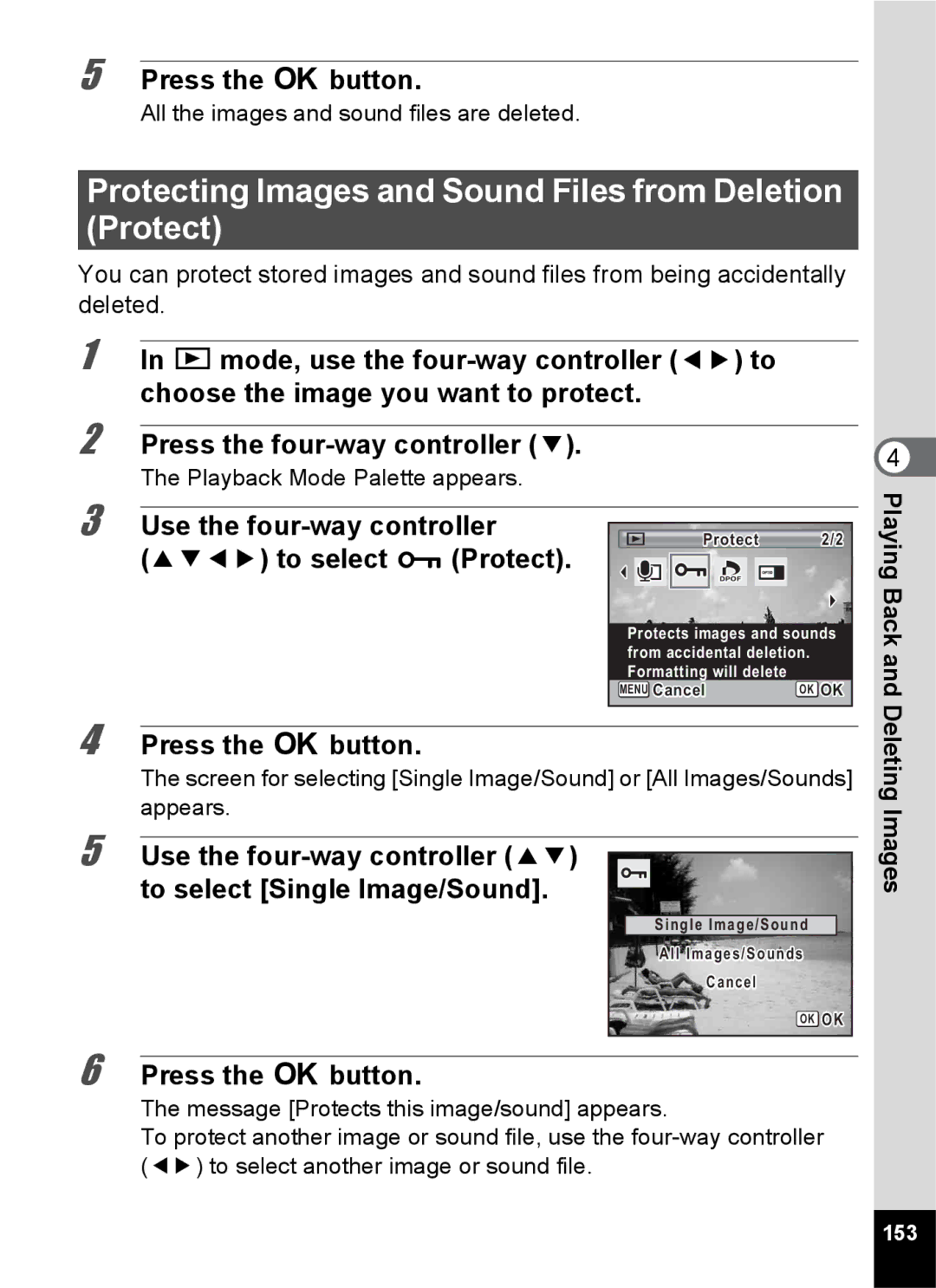 Pentax 14161, 14191, 14176 specifications Protecting Images and Sound Files from Deletion Protect, To select Z Protect, 153 