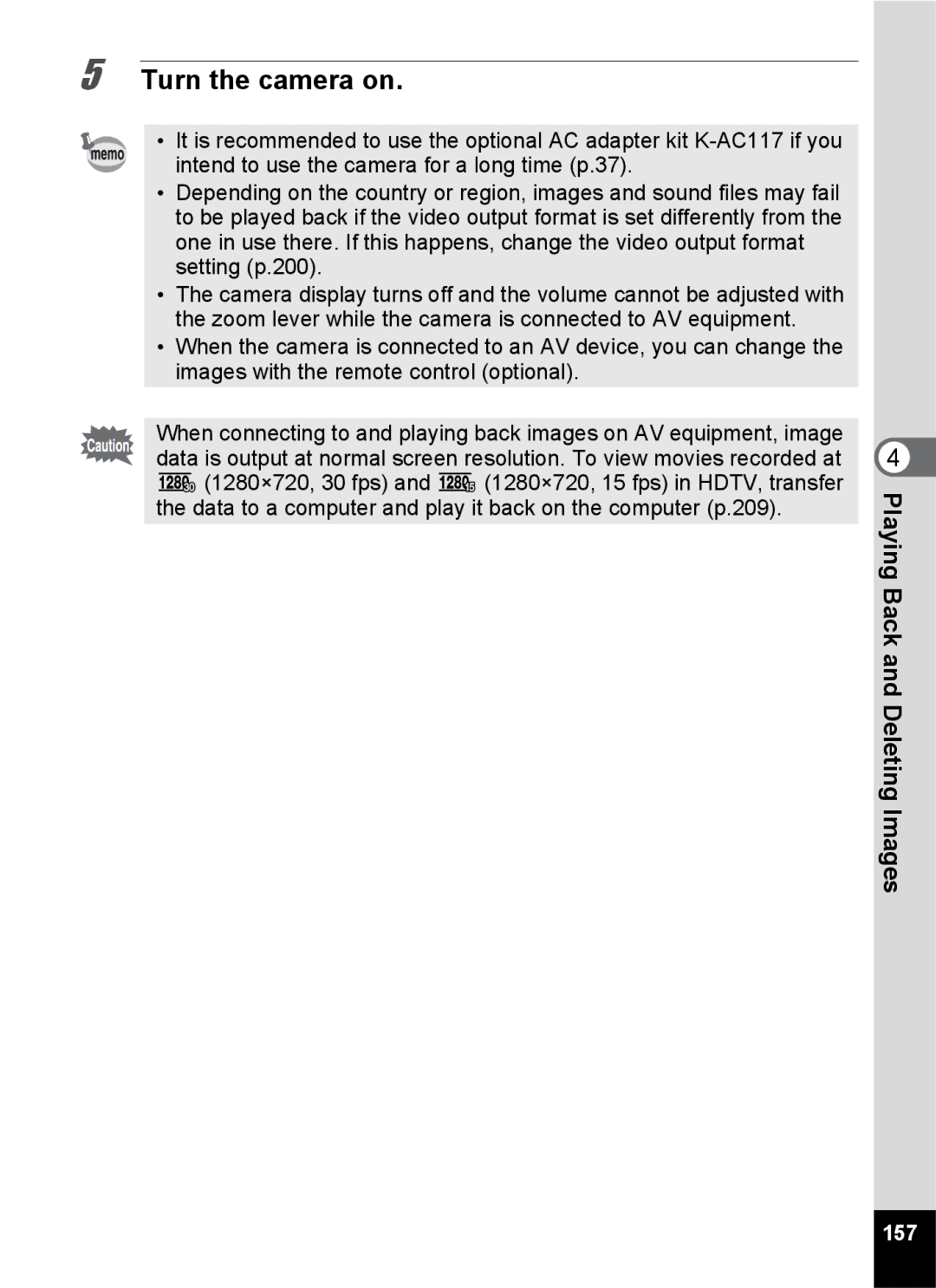 Pentax 14191, 14176, 14161 specifications Turn the camera on, 157 