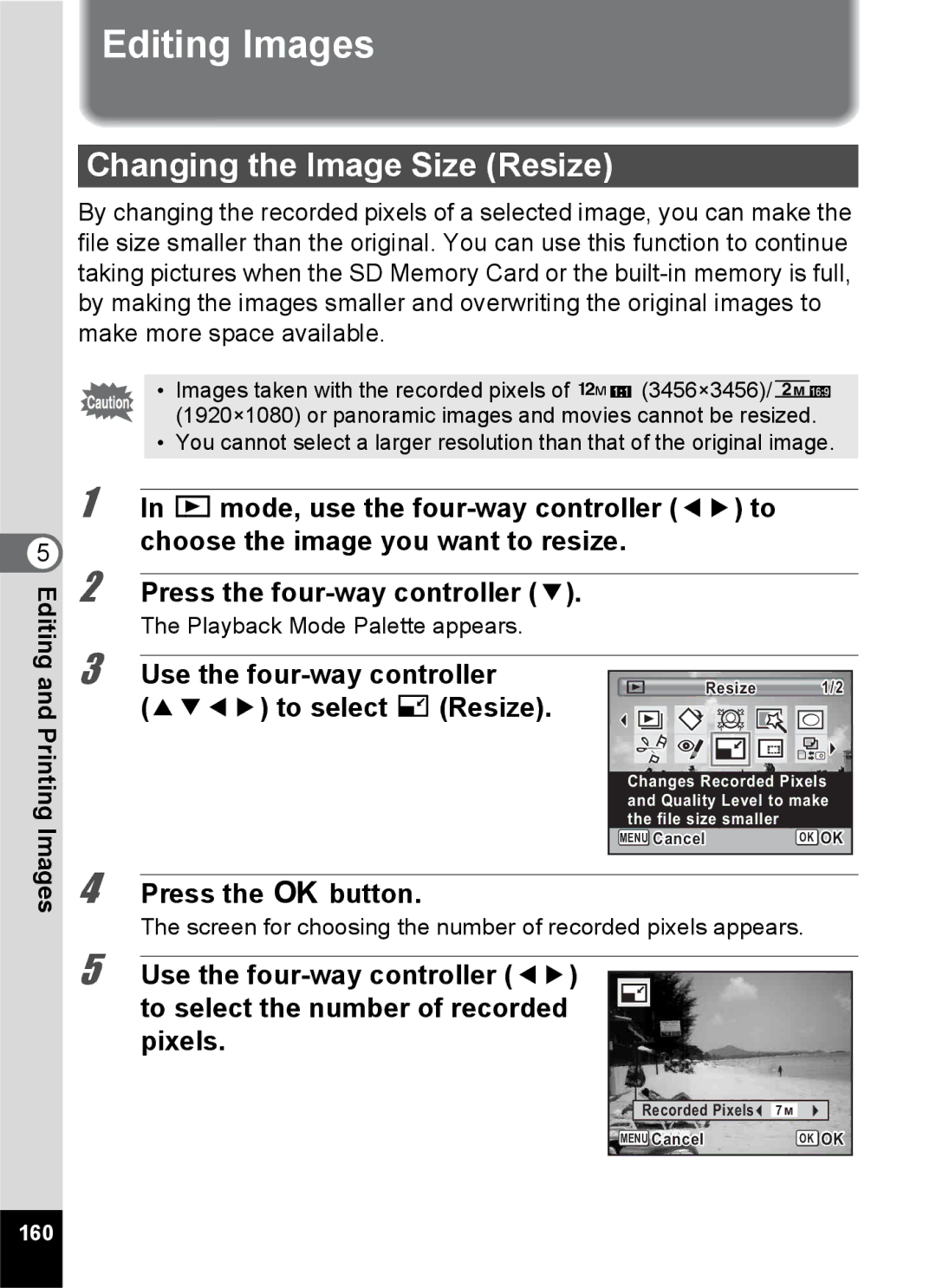 Pentax 14191, 14176, 14161 Editing Images, Changing the Image Size Resize, To select nResize, Printing Images, 160 