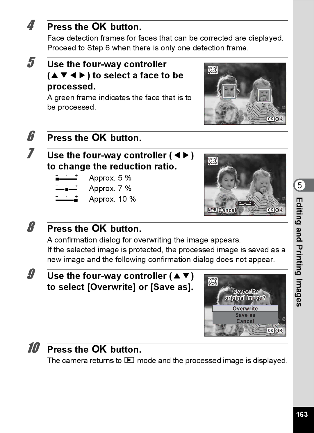 Pentax 14191, 14176, 14161 specifications Green frame indicates the face that is to be processed, Approx %, 163 