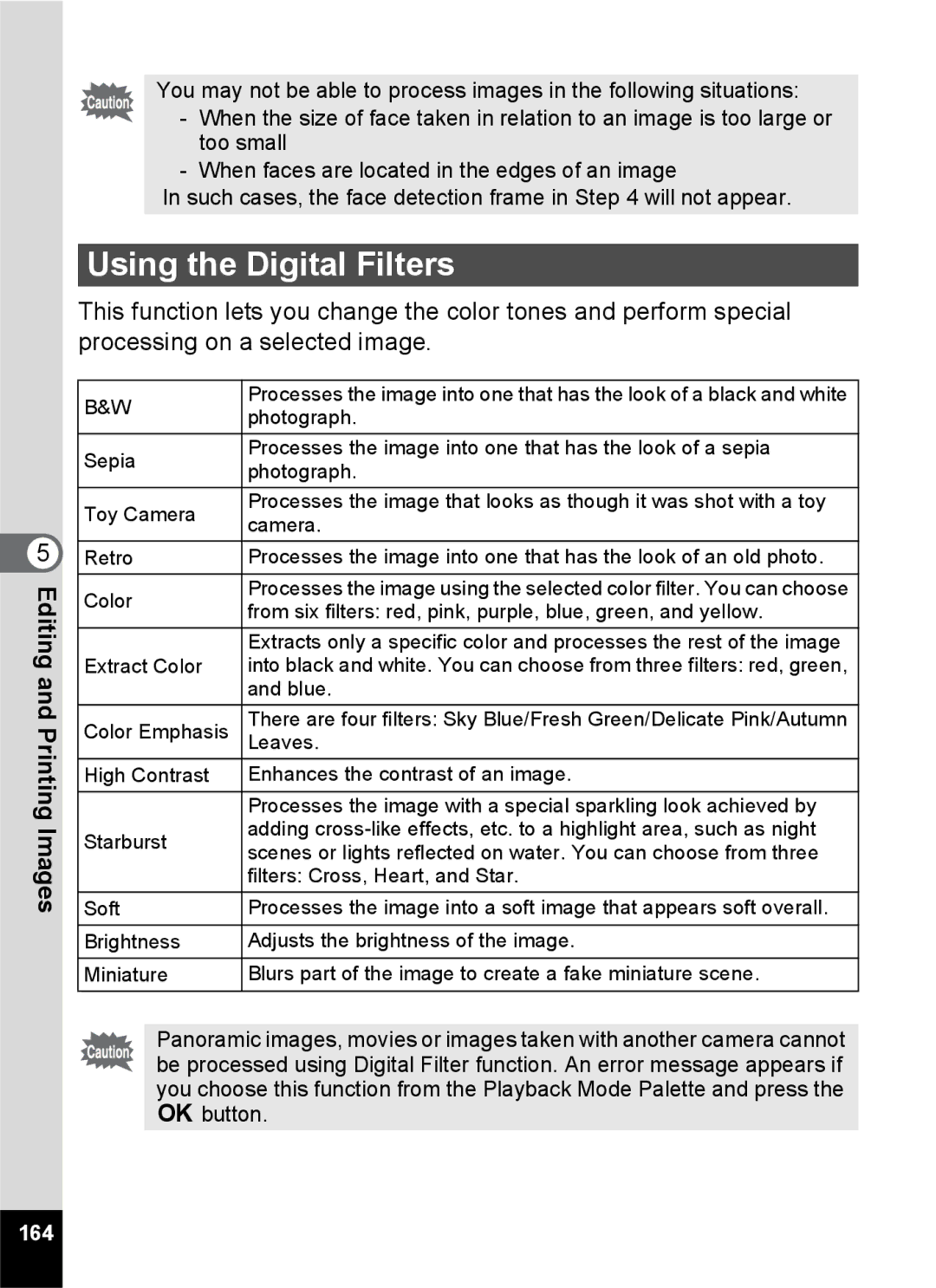 Pentax 14176, 14191, 14161 specifications Using the Digital Filters, 164 