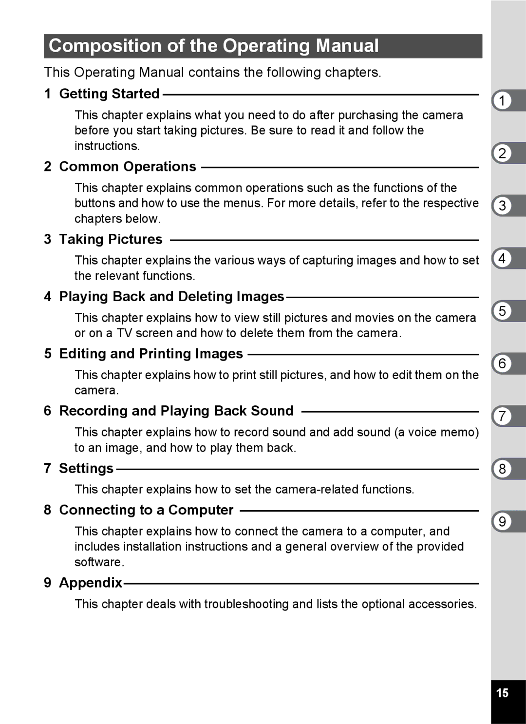 Pentax 14161, 14191, 14176 specifications Composition of the Operating Manual, Appendix 