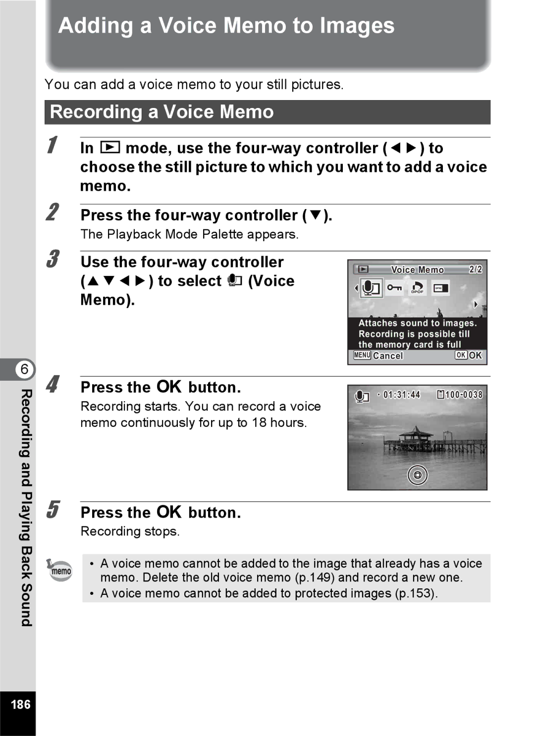 Pentax 14161, 14191, 14176 specifications Adding a Voice Memo to Images, Recording a Voice Memo, 186 