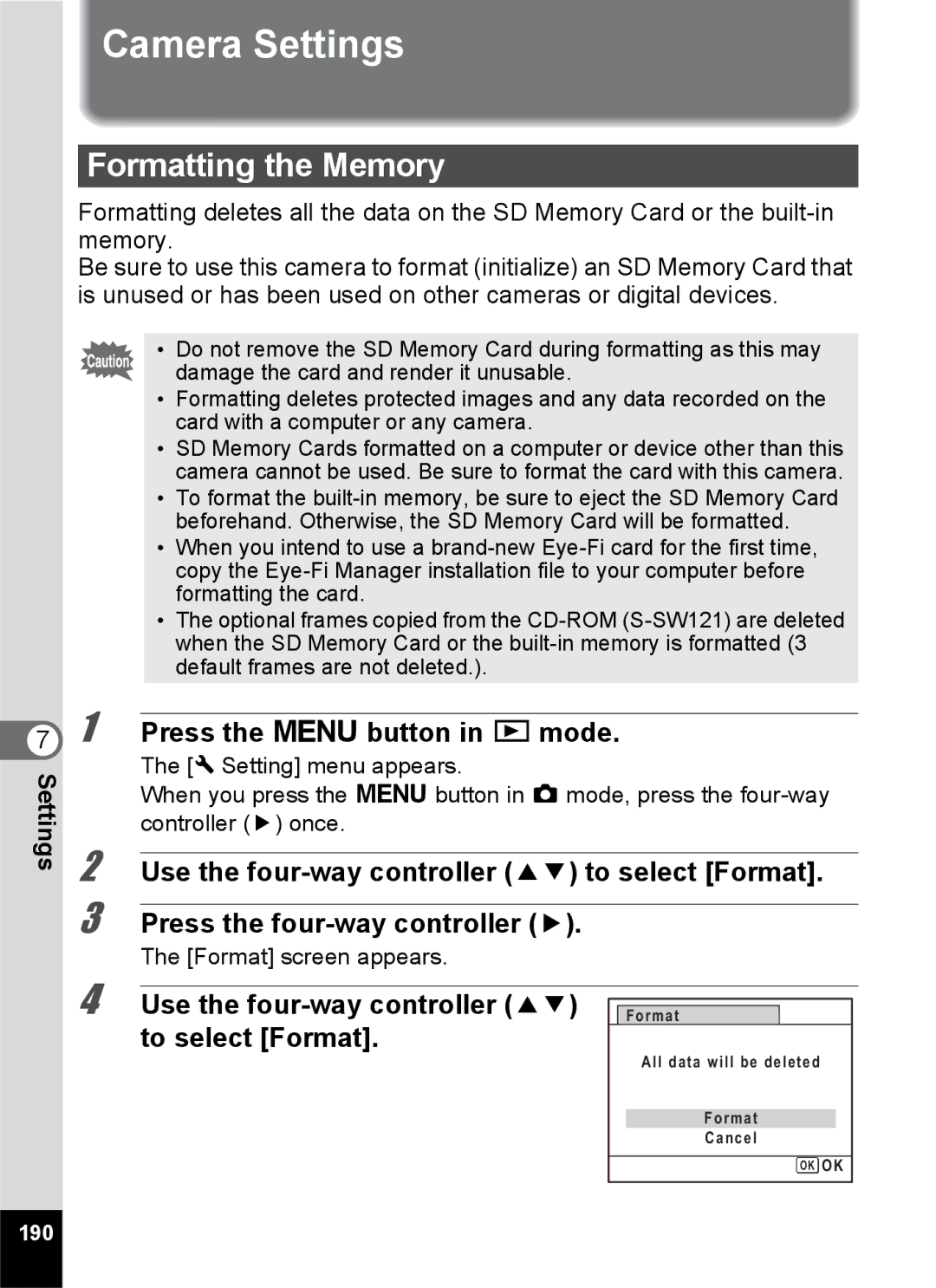 Pentax 14191, 14176, 14161 Camera Settings, Formatting the Memory, Use the four-way controller 23 to select Format, 190 