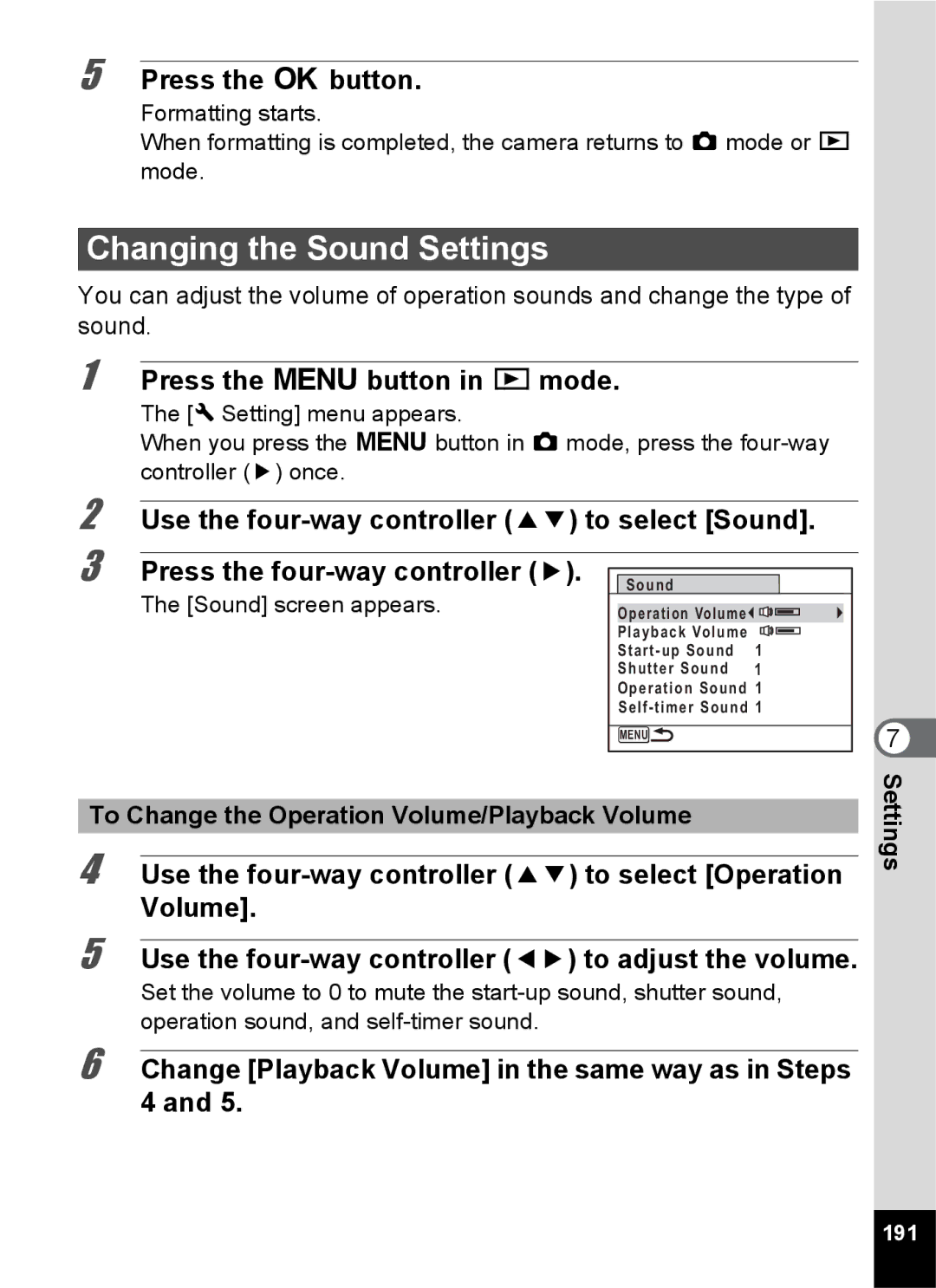 Pentax 14176, 14191, 14161 Changing the Sound Settings, Change Playback Volume in the same way as in Steps 4 