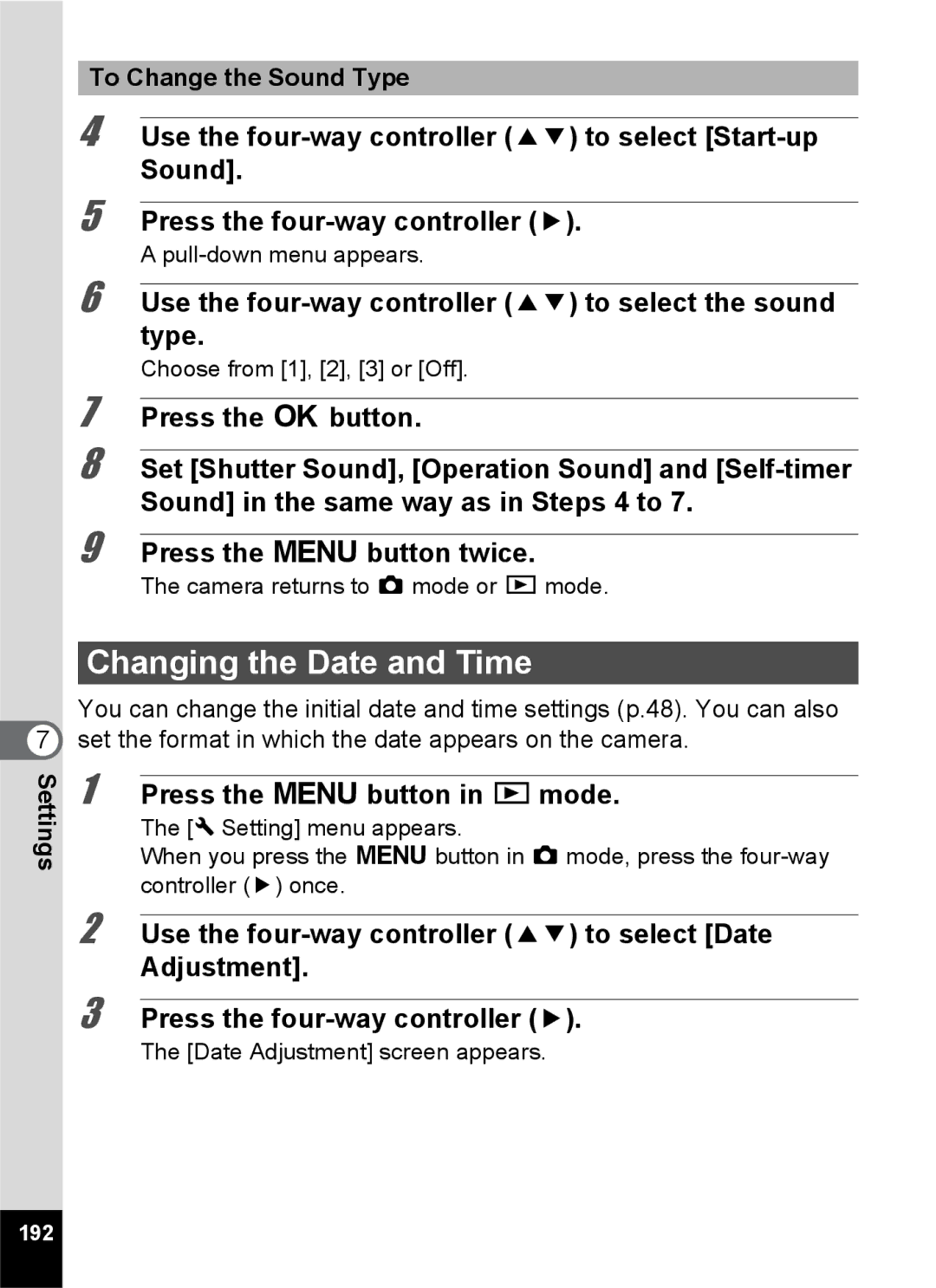 Pentax 14161 Changing the Date and Time, Use the four-way controller 23 to select the sound type, To Change the Sound Type 