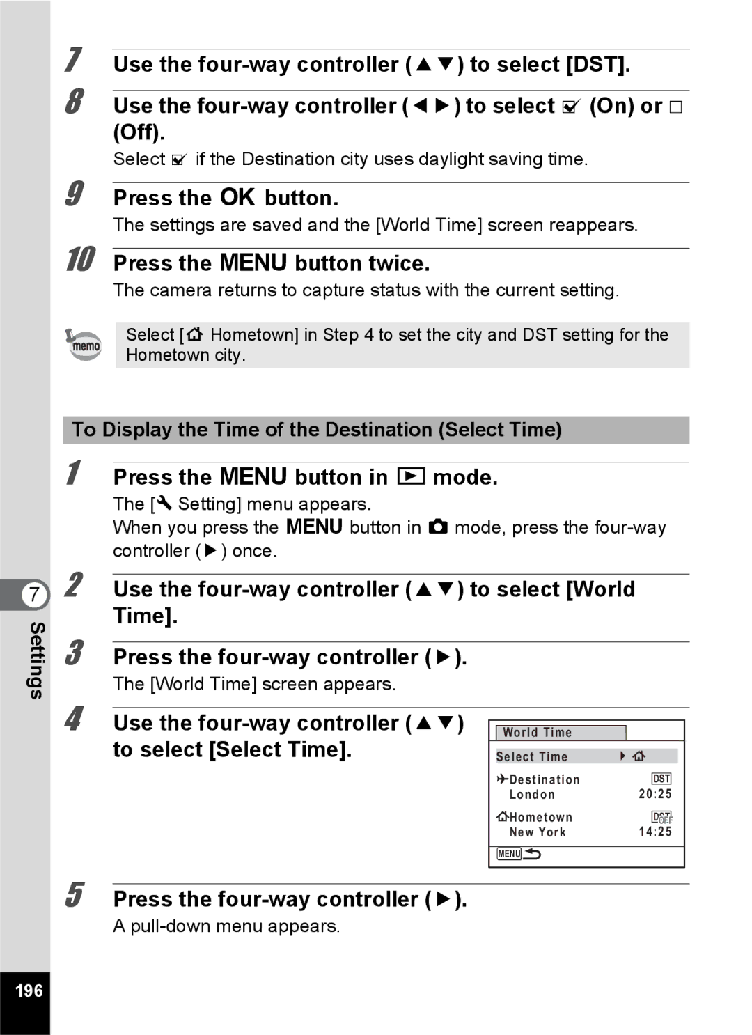 Pentax 14191 Use the four-way controller 45 to select O On or P Off, Use the four-way controller 23 to select Select Time 