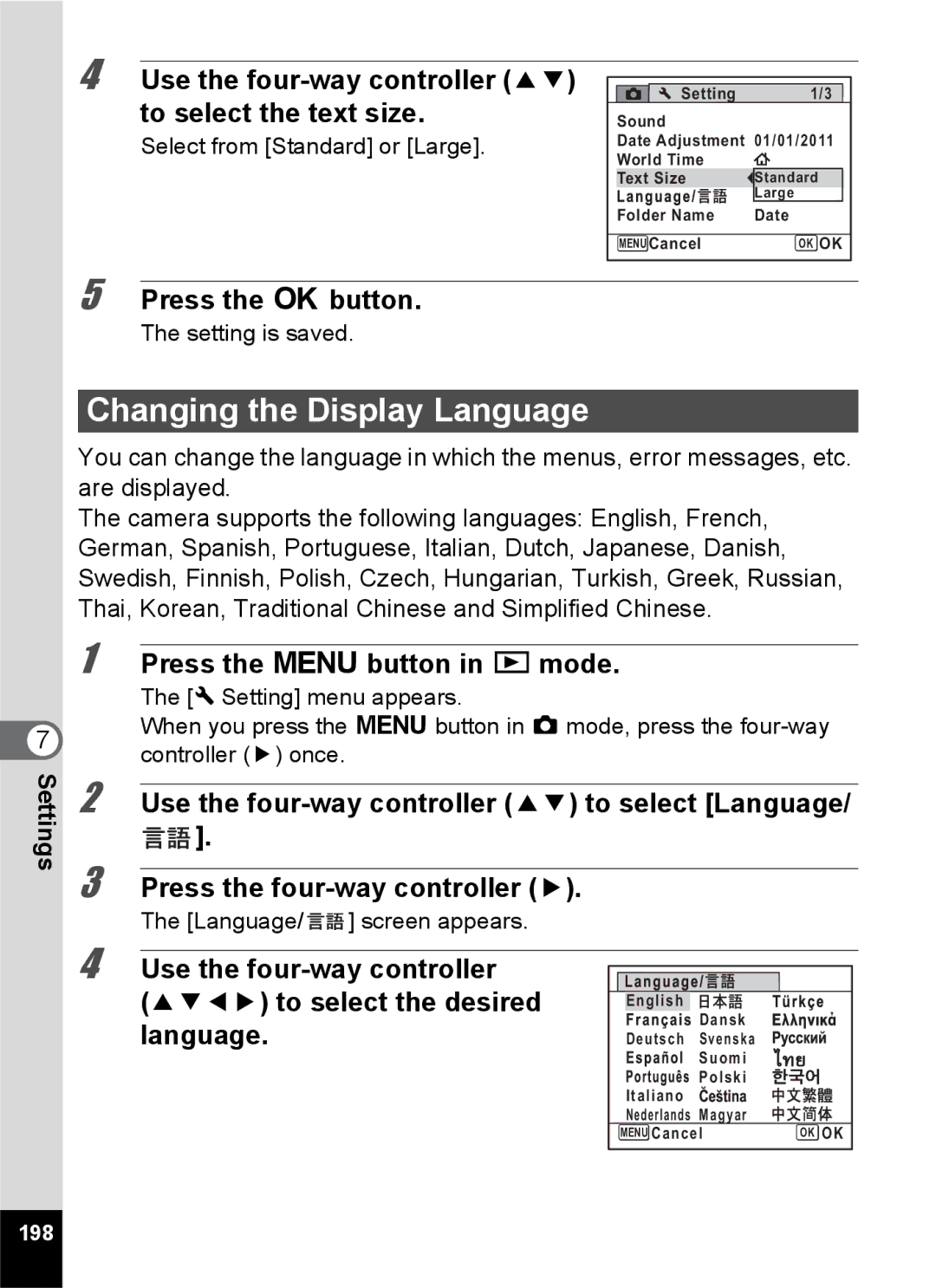 Pentax 14161, 14191, 14176 Changing the Display Language, Use the four-way controller 23 to select the text size, 198 