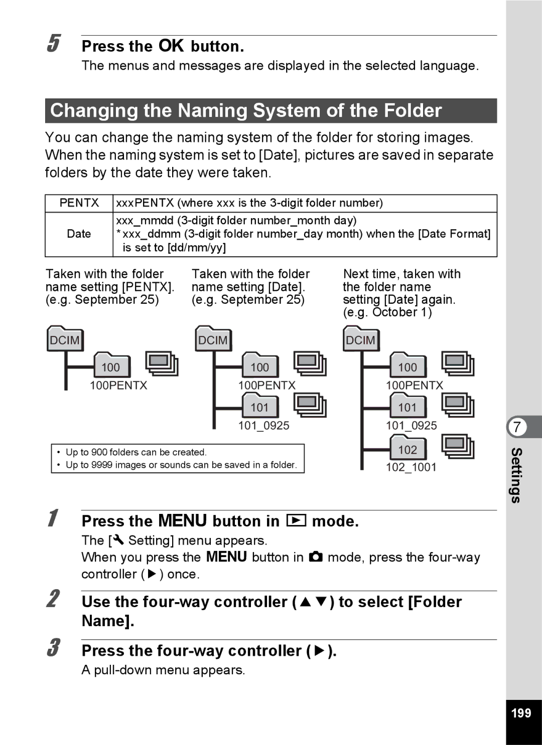 Pentax 14191 Changing the Naming System of the Folder, Menus and messages are displayed in the selected language, 199 