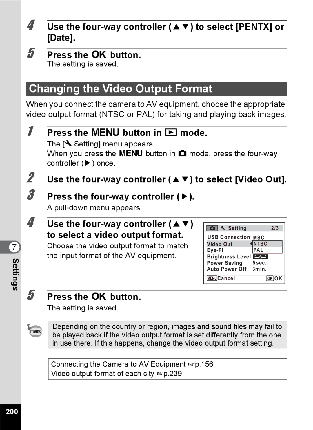 Pentax 14176, 14191, 14161 specifications Changing the Video Output Format, 200 