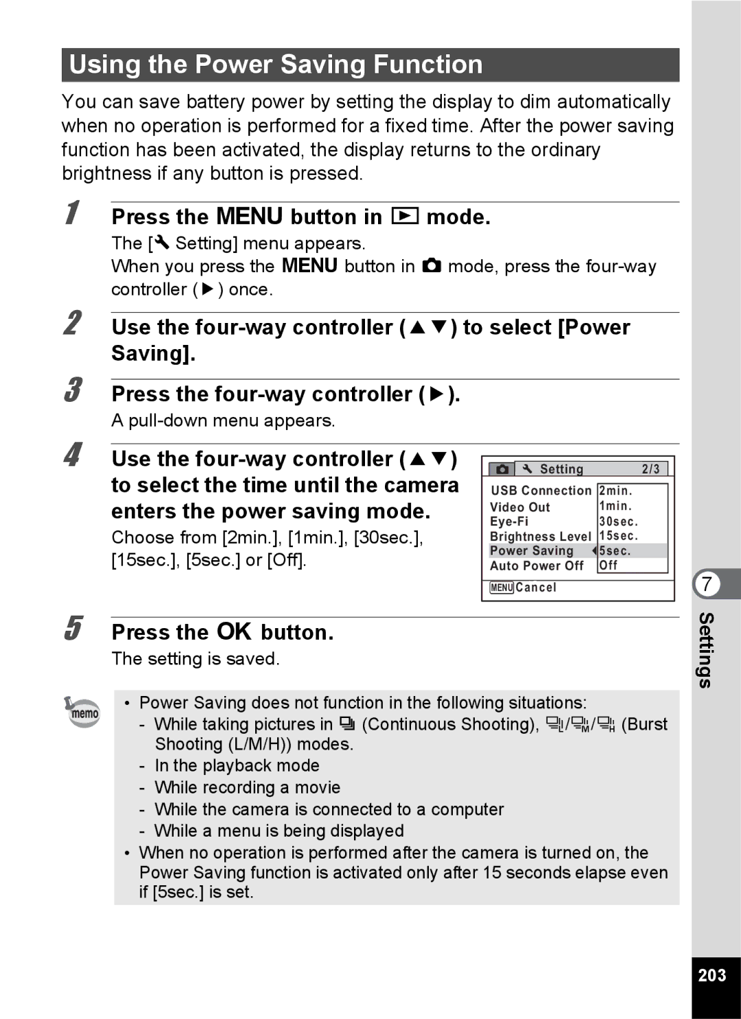 Pentax 14176, 14191, 14161 Using the Power Saving Function, Choose from 2min., 1min., 30sec., 15sec., 5sec. or Off, 203 