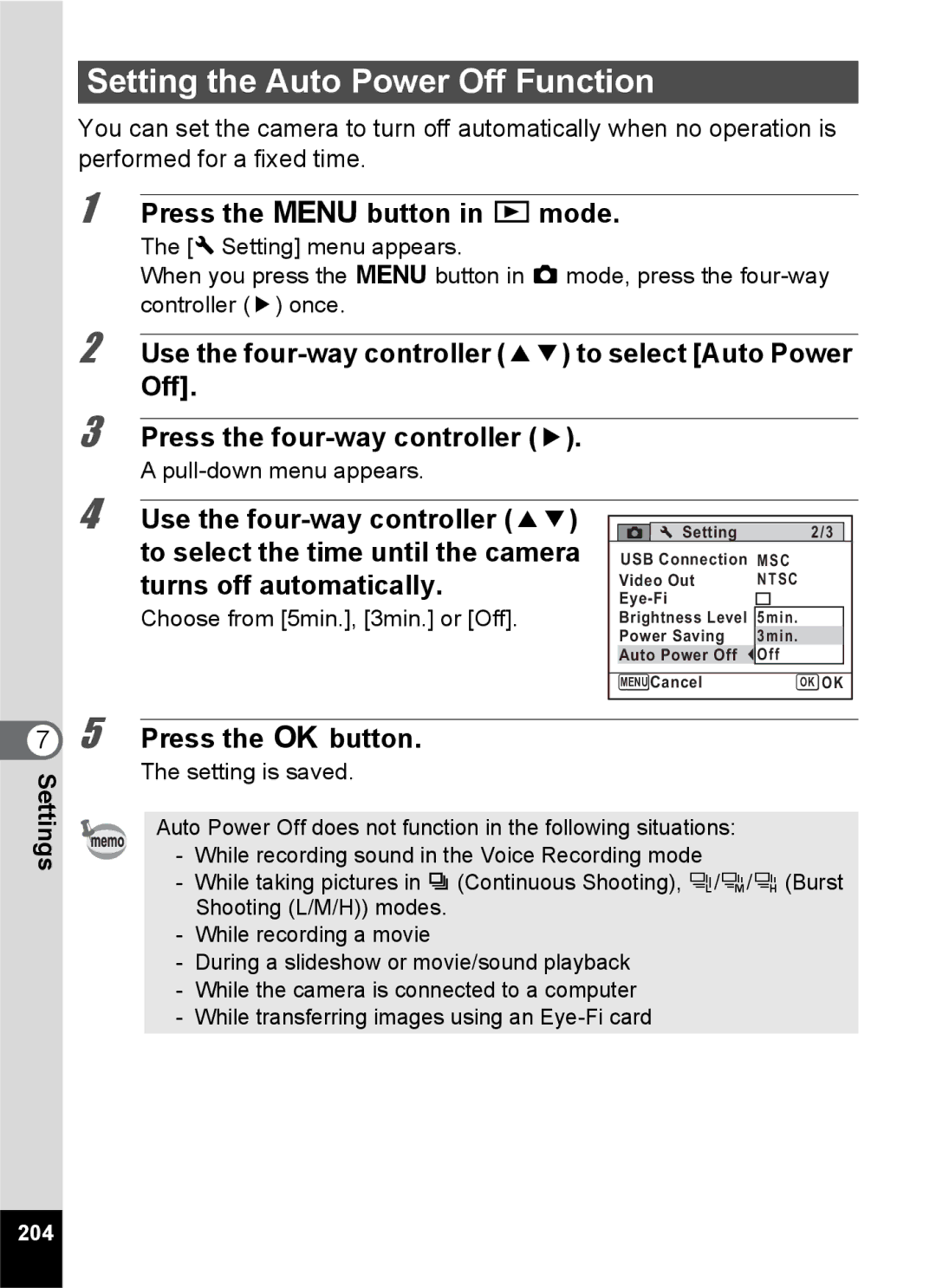 Pentax 14161, 14191, 14176 specifications Setting the Auto Power Off Function, 204 