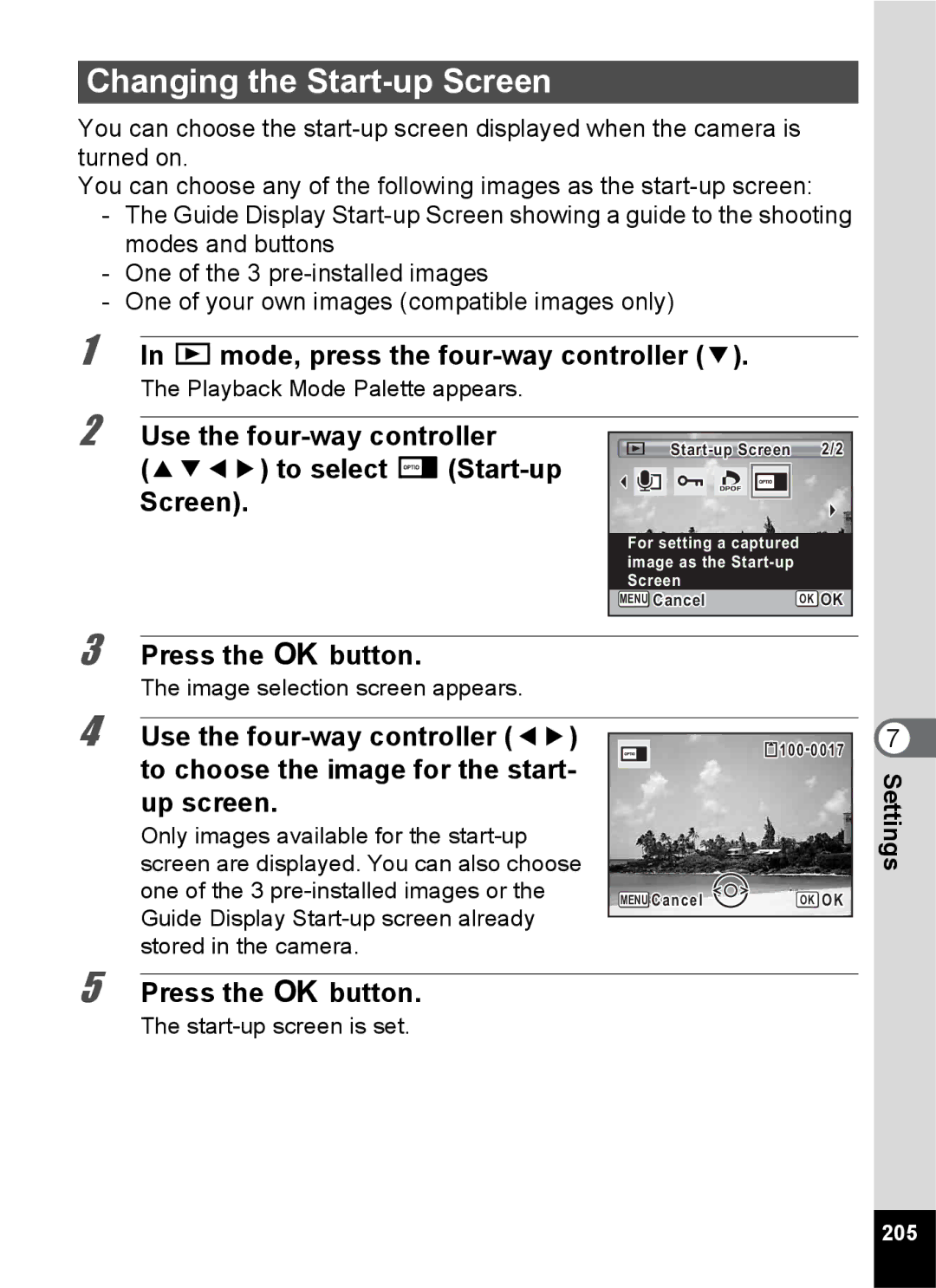 Pentax 14191, 14176, 14161 specifications Changing the Start-up Screen, To choose the image for the start Up screen, 205 