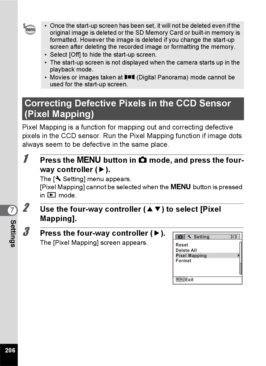 Pentax 14176, 14191, 14161 Correcting Defective Pixels in the CCD Sensor Pixel Mapping, Pixel Mapping screen appears, 206 