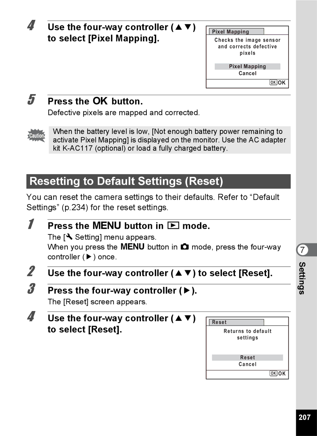 Pentax 14161 Resetting to Default Settings Reset, Use the four-way controller 23 to select Reset, Reset screen appears 