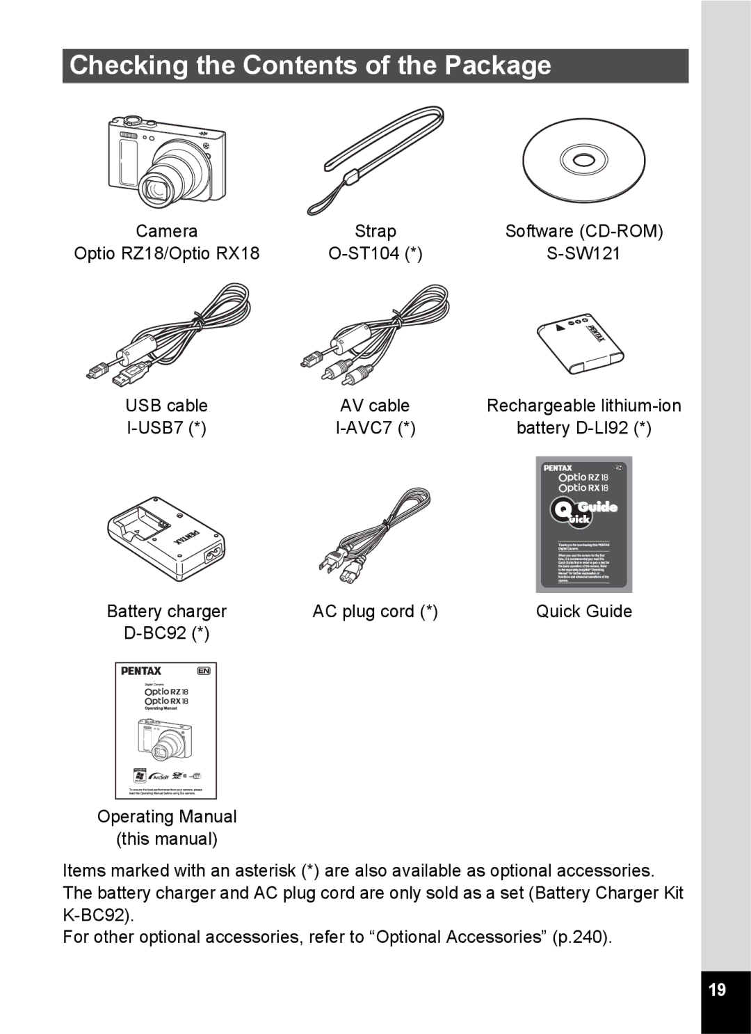 Pentax 14191, 14176, 14161 specifications Checking the Contents of the Package 