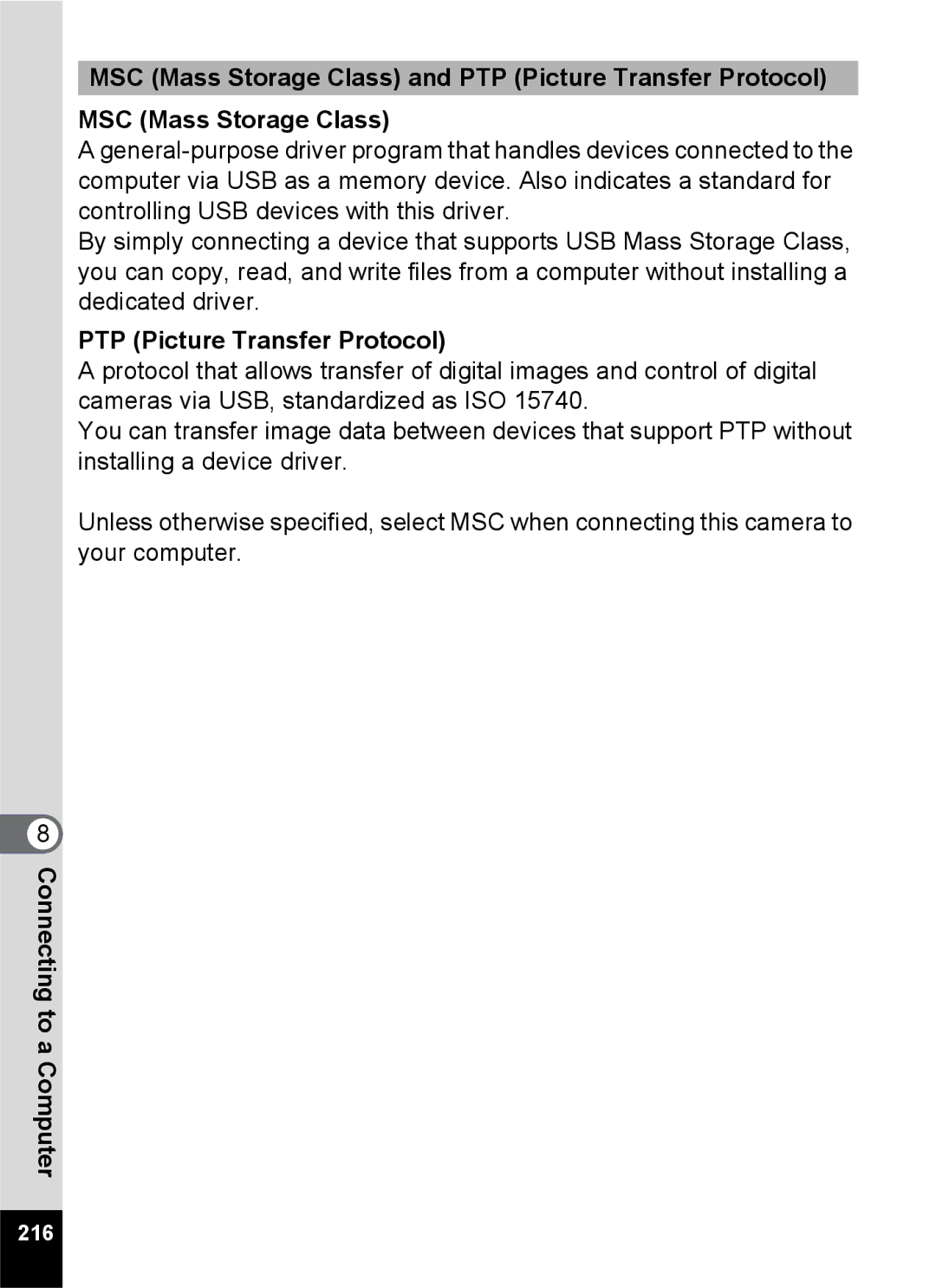 Pentax 14161, 14191, 14176 specifications MSC Mass Storage Class and PTP Picture Transfer Protocol, 216 