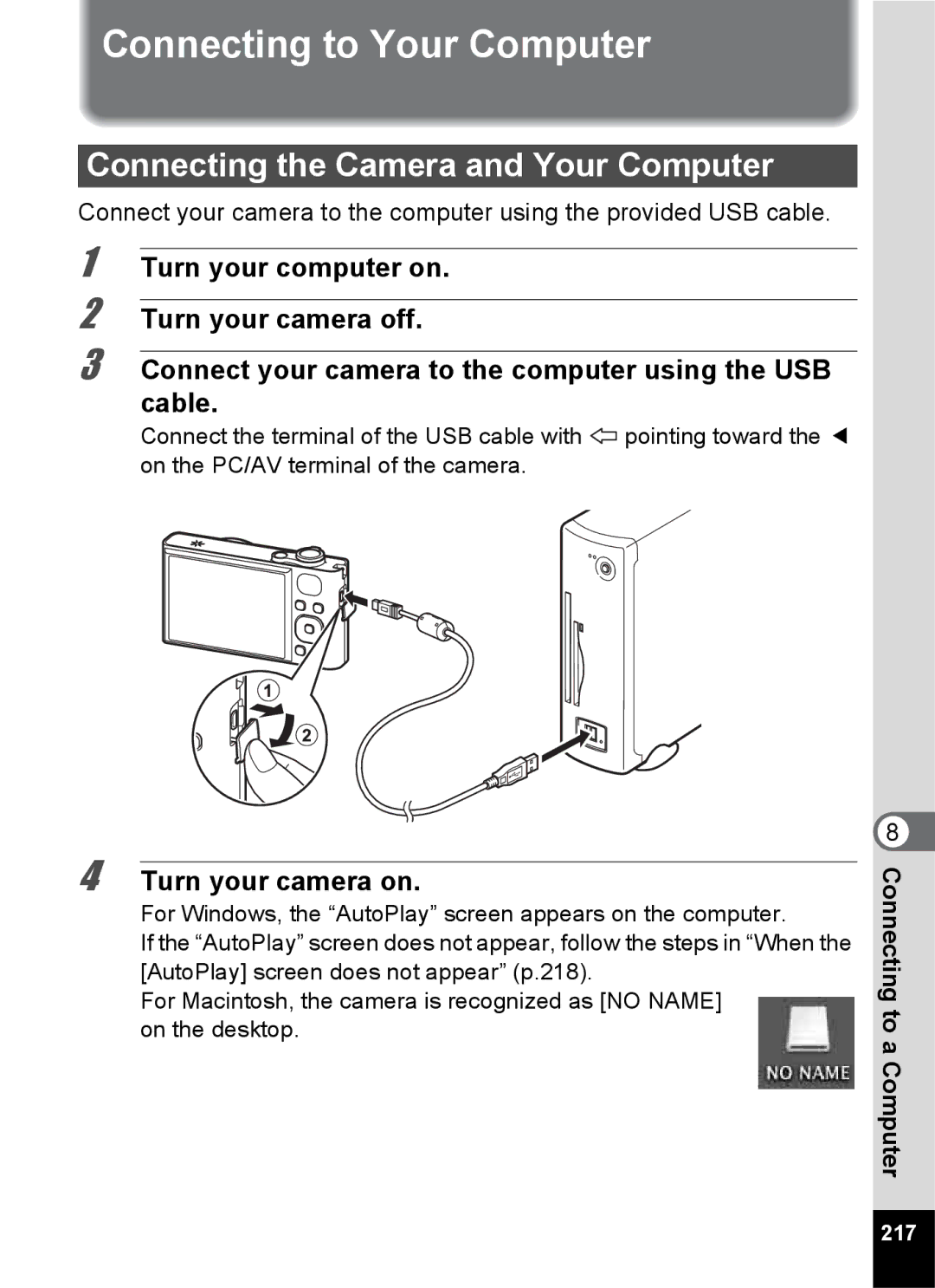 Pentax 14191, 14176, 14161 Connecting to Your Computer, Connecting the Camera and Your Computer, Turn your camera on, 217 