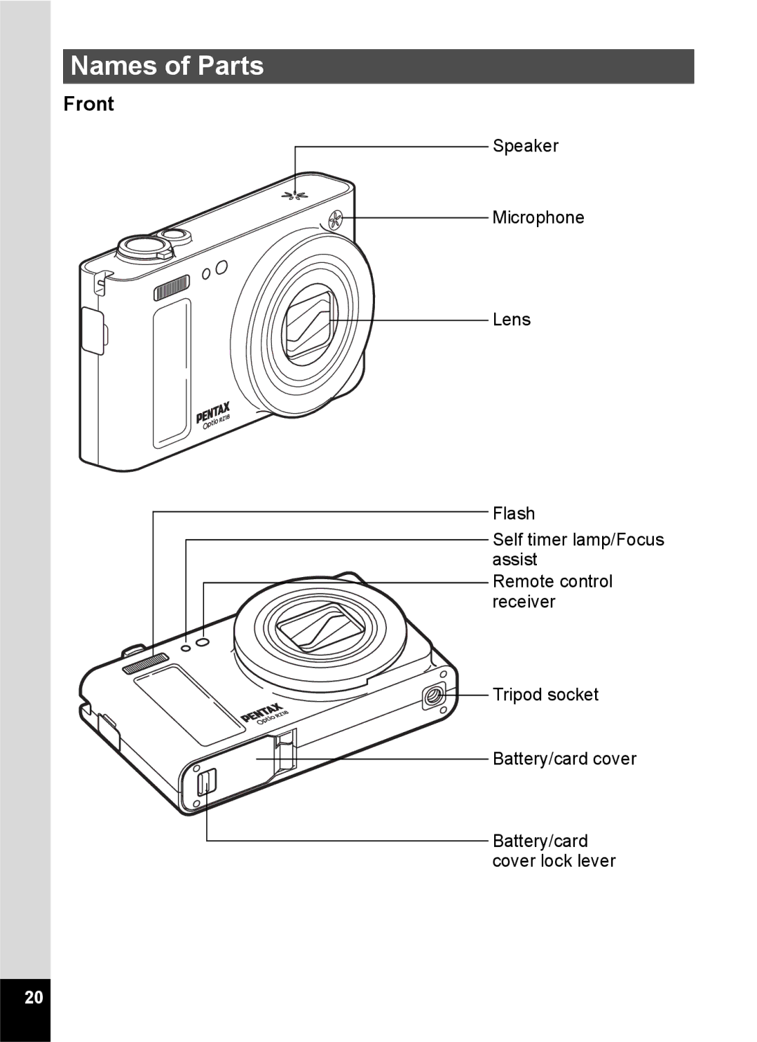 Pentax 14176, 14191, 14161 specifications Names of Parts, Front 