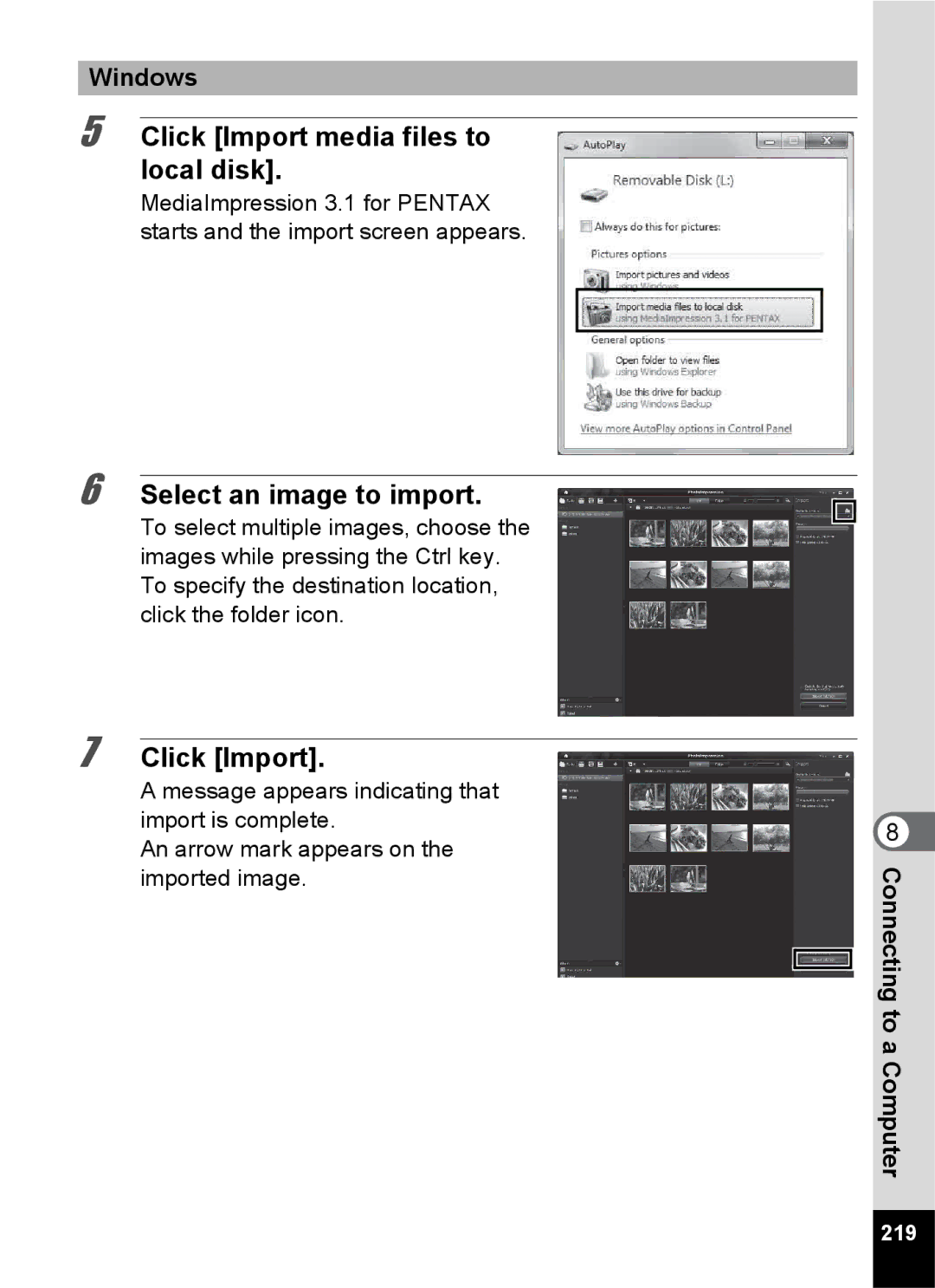 Pentax 14161, 14191, 14176 specifications Click Import media files to local disk, Select an image to import, 219 