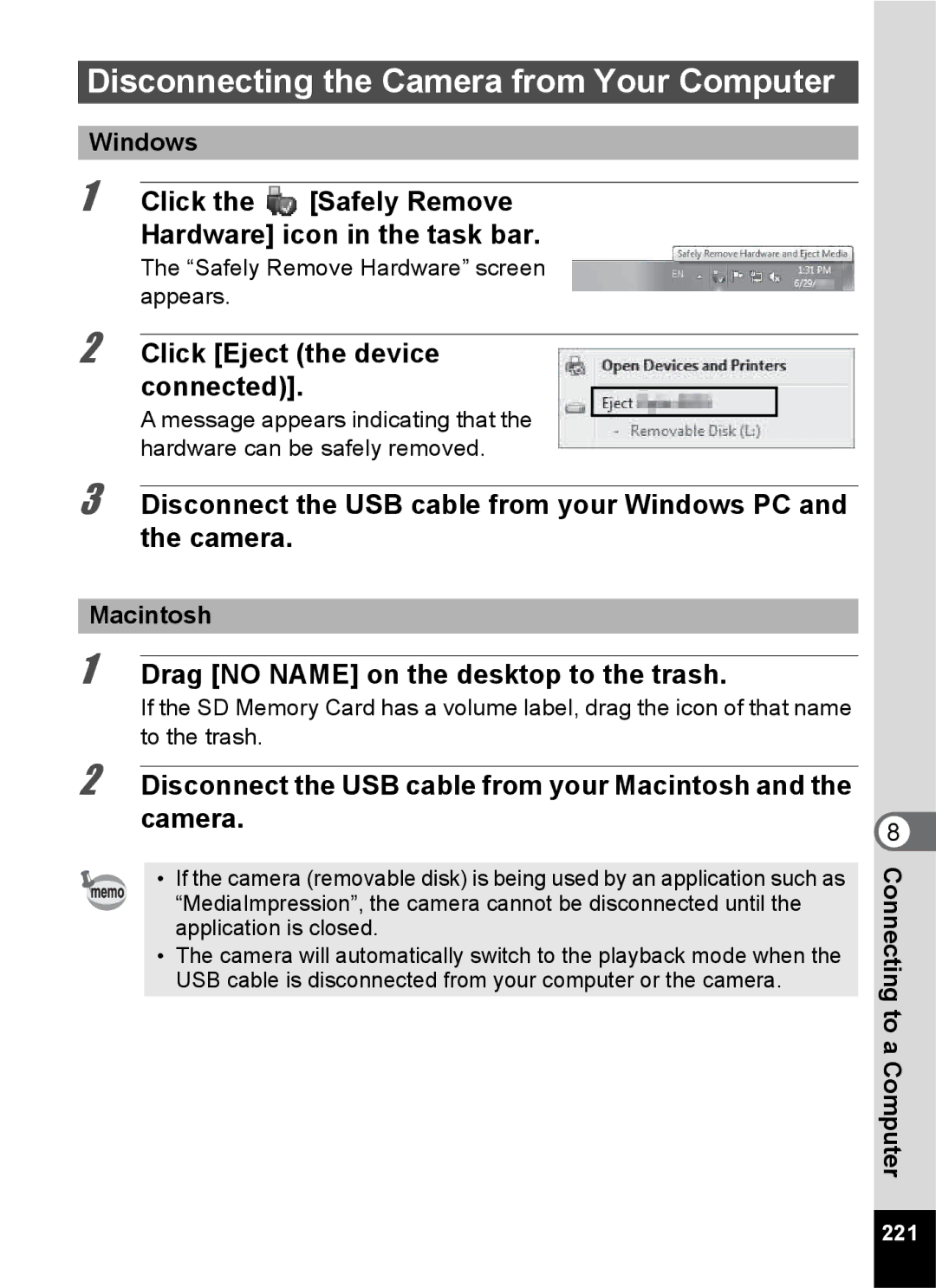 Pentax 14176, 14191 Disconnecting the Camera from Your Computer, Click the Safely Remove Hardware icon in the task bar 