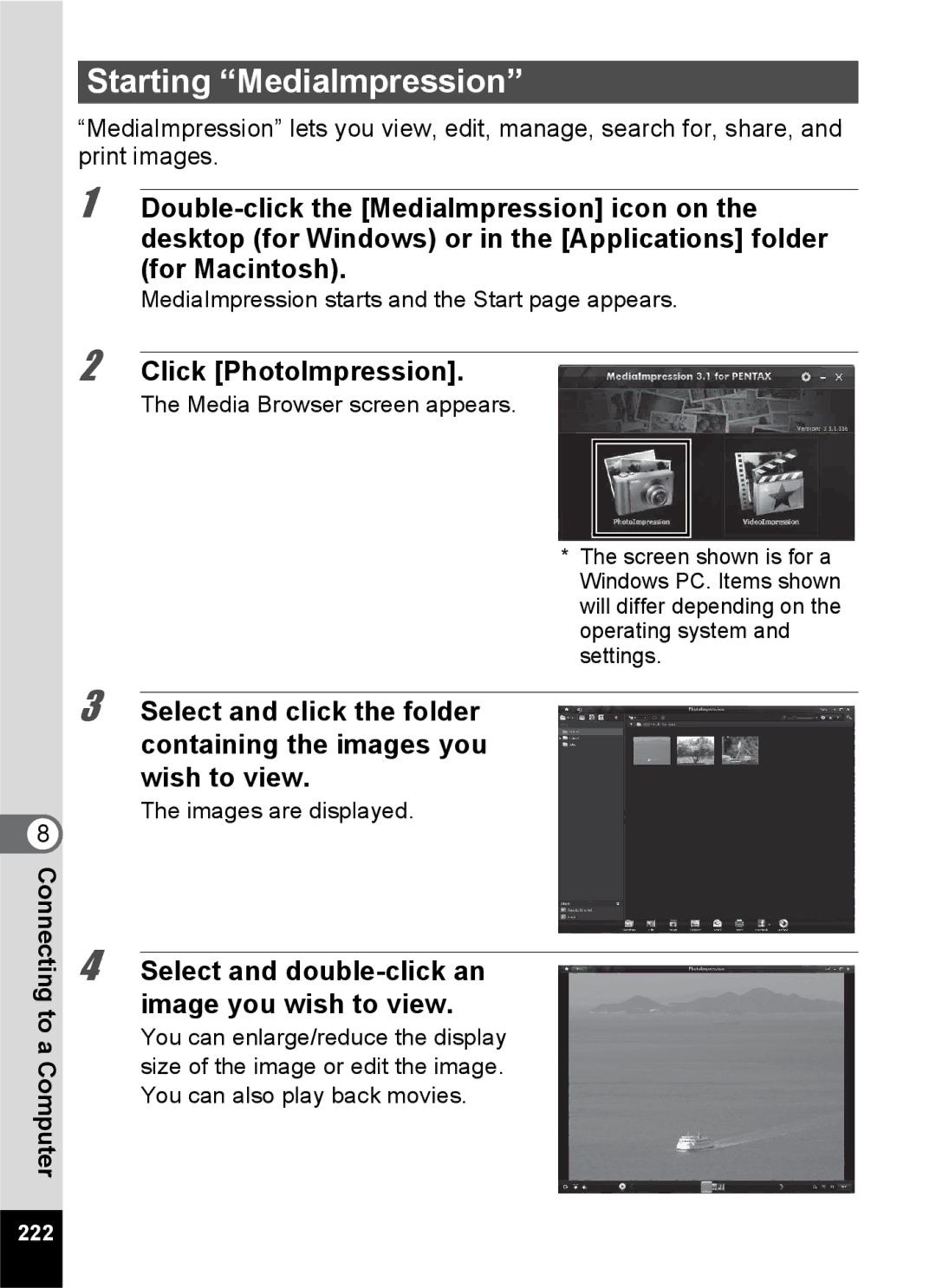 Pentax 14161 Starting MediaImpression, Click PhotoImpression, Select and double-click an image you wish to view, 222 