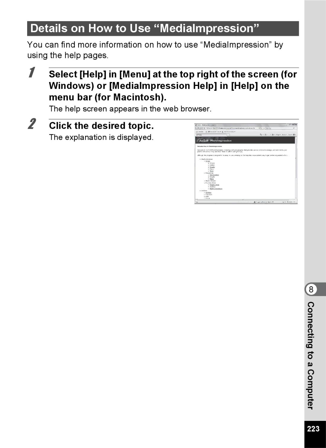 Pentax 14191 Details on How to Use MediaImpression, Click the desired topic, Help screen appears in the web browser, 223 