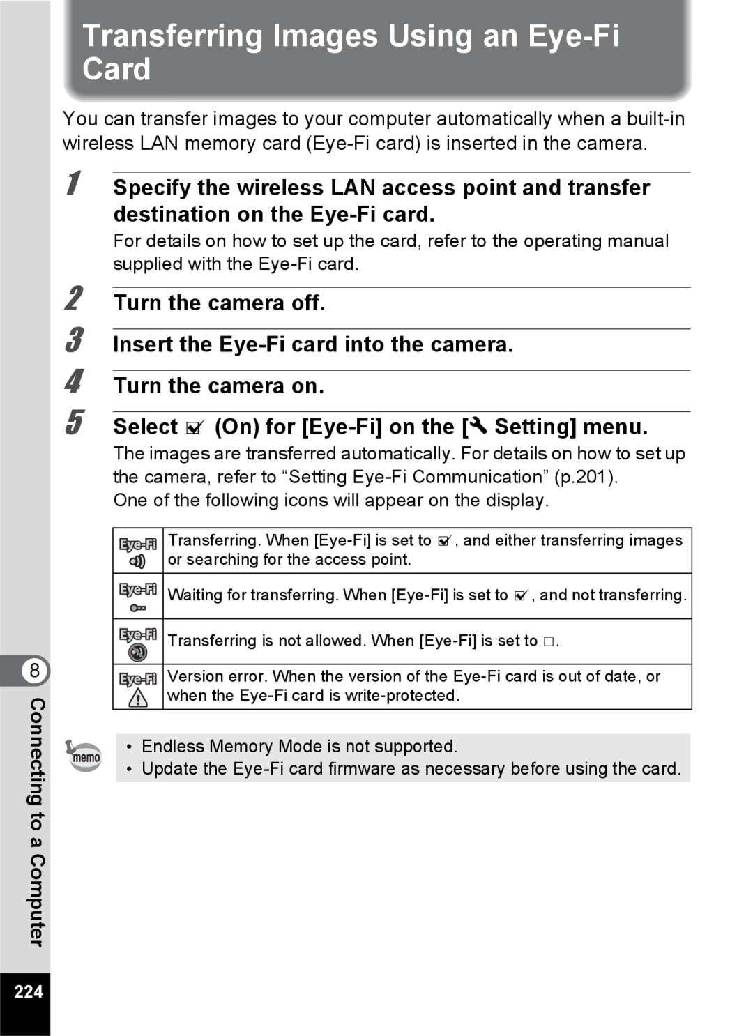 Pentax 14176, 14191, 14161 specifications Transferring Images Using an Eye-Fi Card, 224 