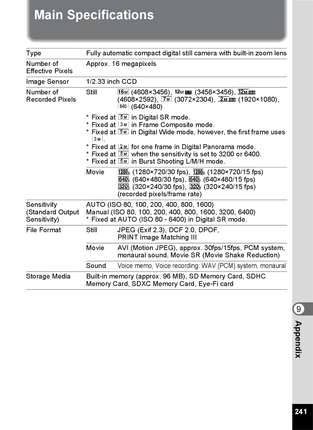 Pentax 14191, 14176, 14161 specifications Main Specifications, 241 