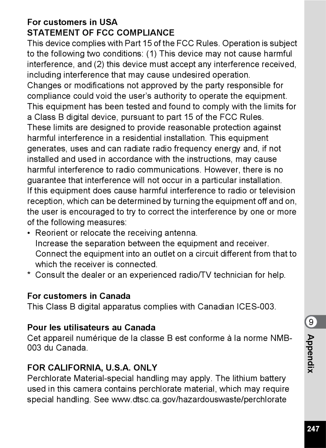 Pentax 14191, 14176, 14161 specifications For customers in USA, For customers in Canada, Pour les utilisateurs au Canada, 247 