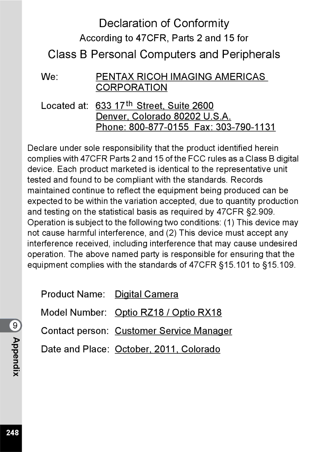 Pentax 14176, 14191, 14161 specifications Class B Personal Computers and Peripherals, 248 