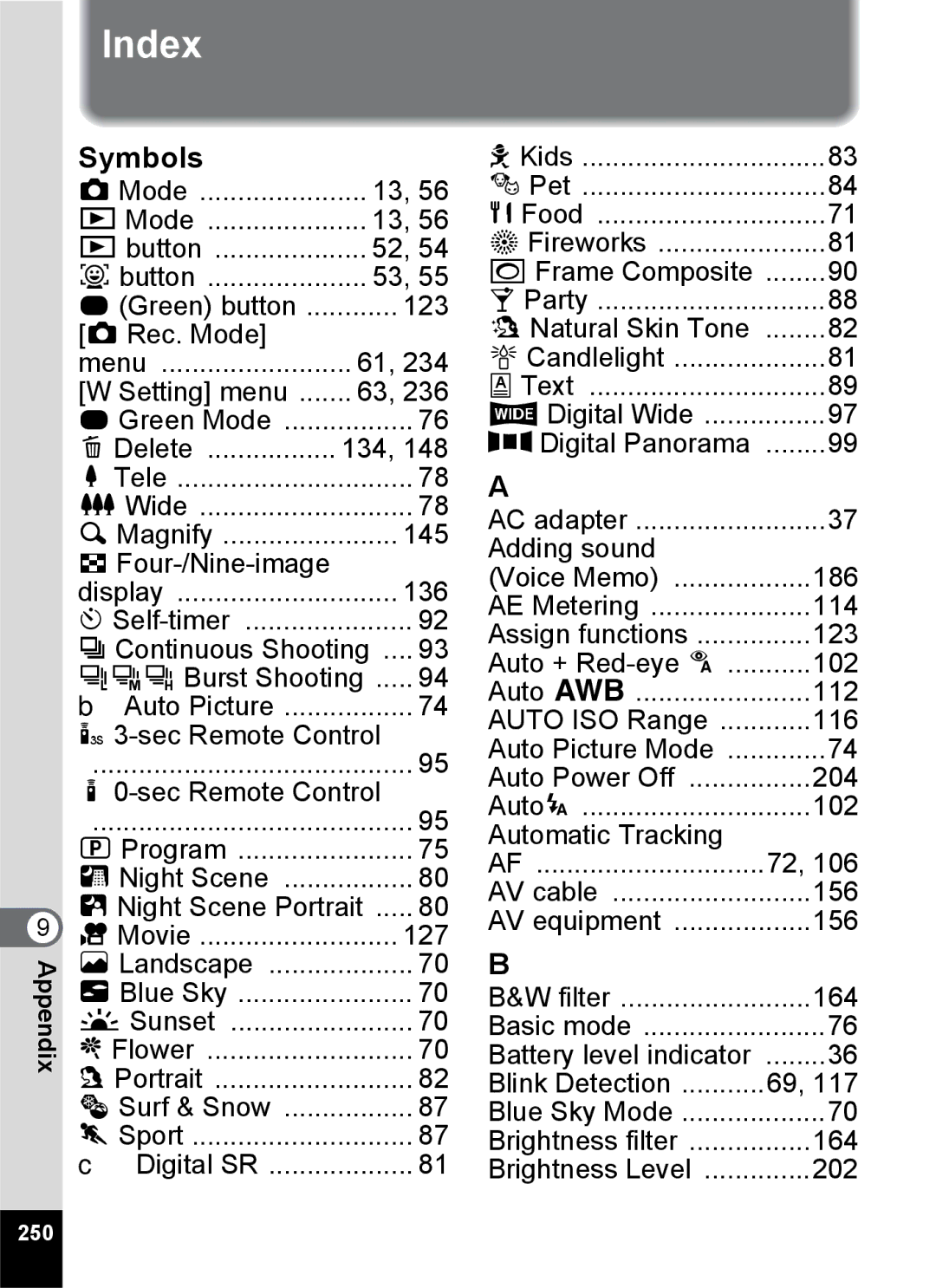 Pentax 14191, 14176, 14161 specifications Index, 250 