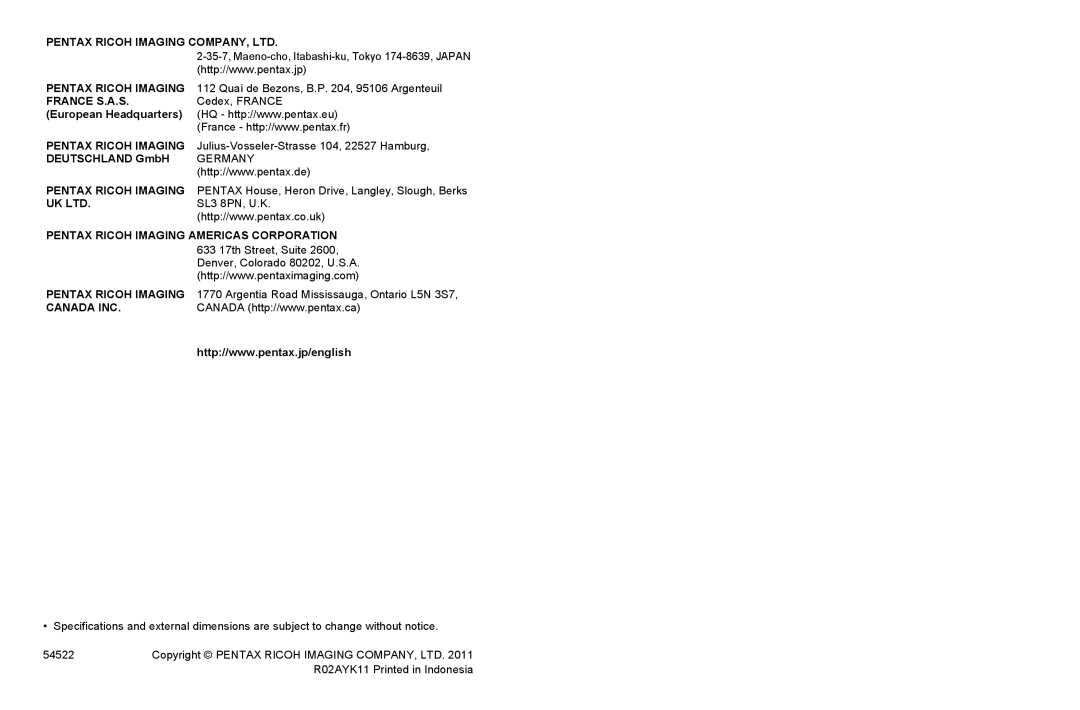 Pentax 14161, 14191, 14176 specifications Pentax Ricoh Imaging 