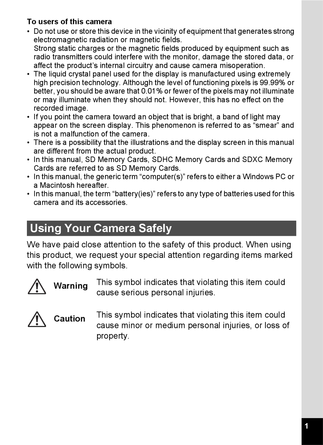 Pentax 14191, 14176, 14161 specifications Using Your Camera Safely, To users of this camera 