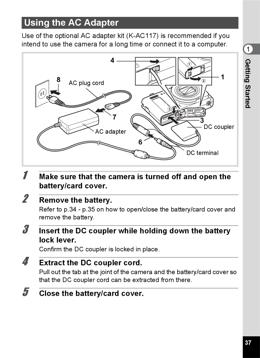 Pentax 14191, 14176 Using the AC Adapter, Extract the DC coupler cord, Getting, Confirm the DC coupler is locked in place 