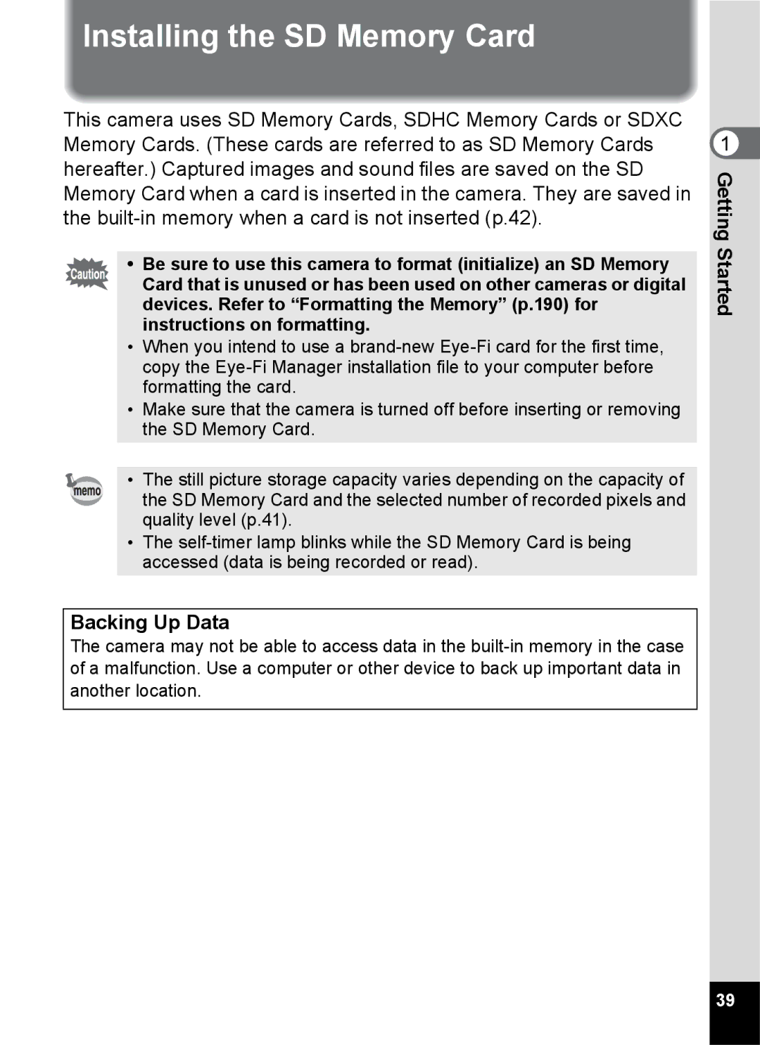 Pentax 14161, 14191, 14176 specifications Installing the SD Memory Card, Backing Up Data 