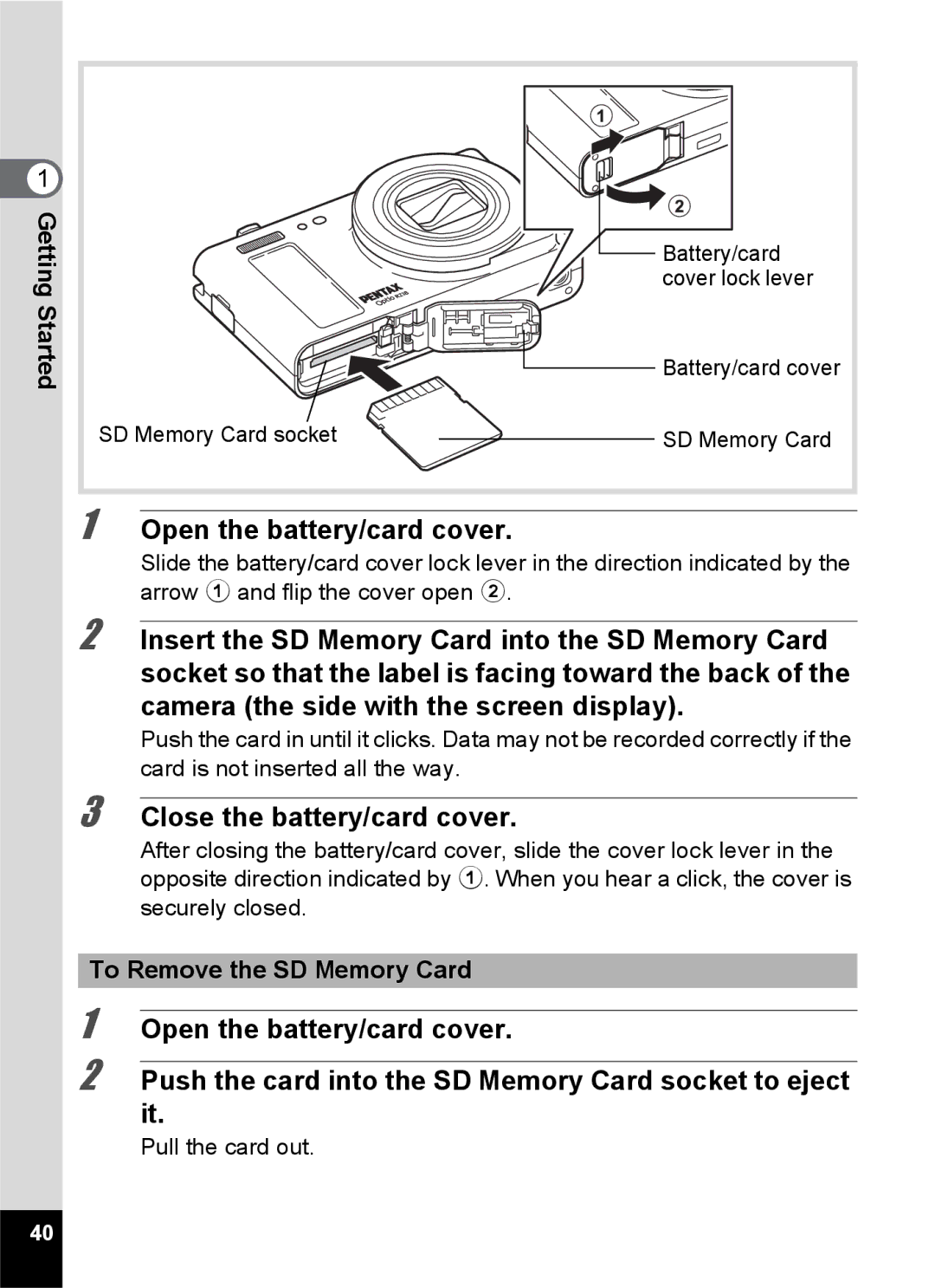 Pentax 14191 Push the card into the SD Memory Card socket to eject it, To Remove the SD Memory Card, Cover lock lever 