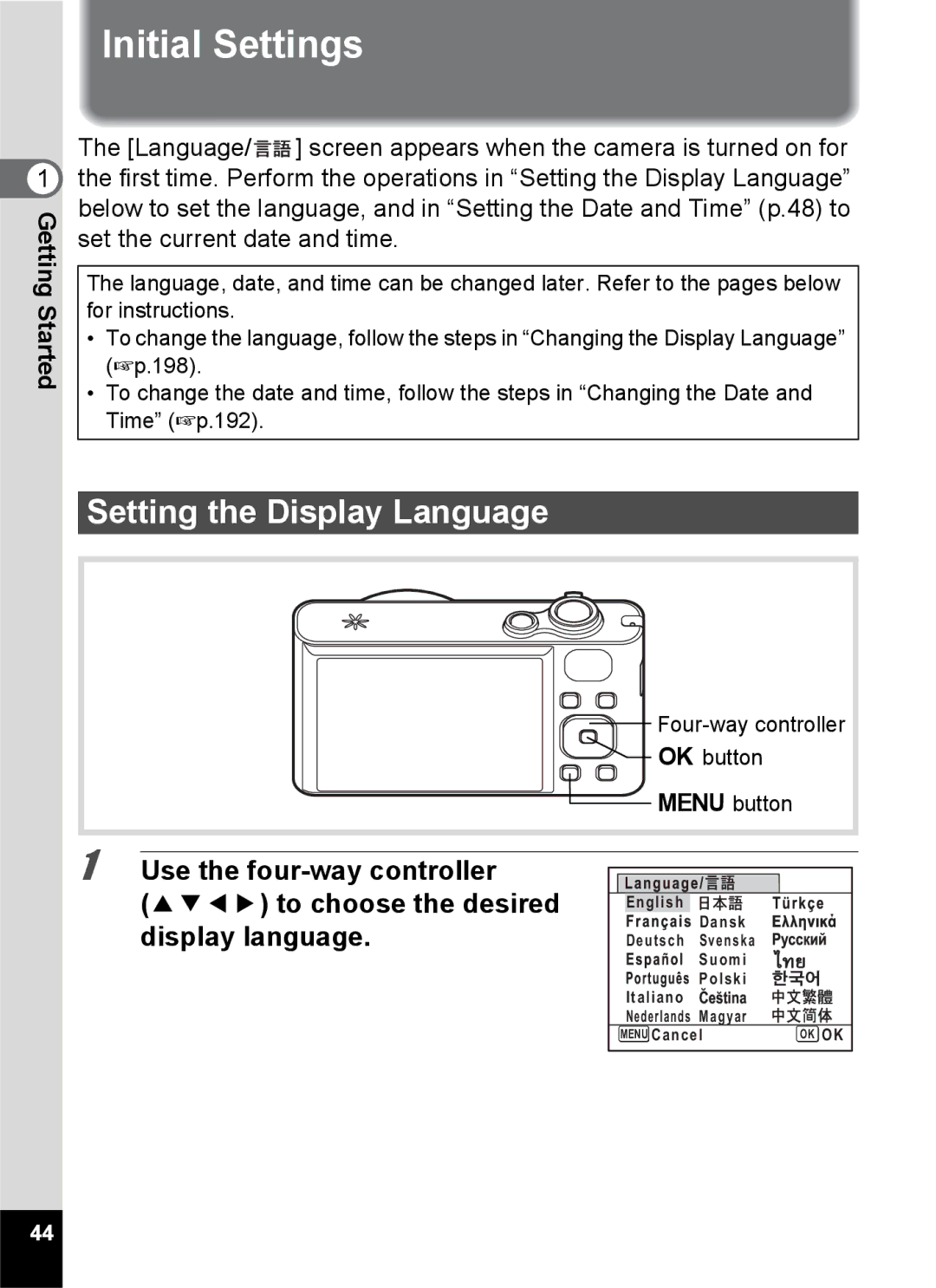 Pentax 14176, 14191, 14161 specifications Initial Settings, Setting the Display Language, Four-way controller 4 button Button 