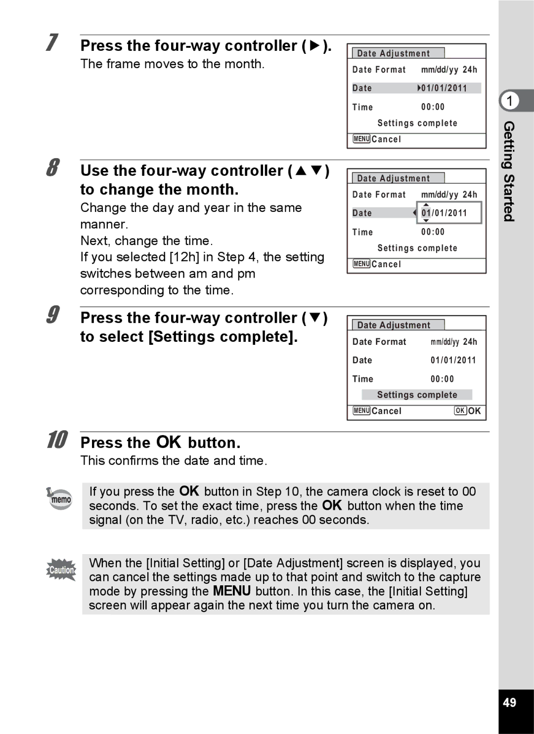 Pentax 14191, 14176, 14161 specifications Use the four-way controller 23 to change the month, Frame moves to the month 