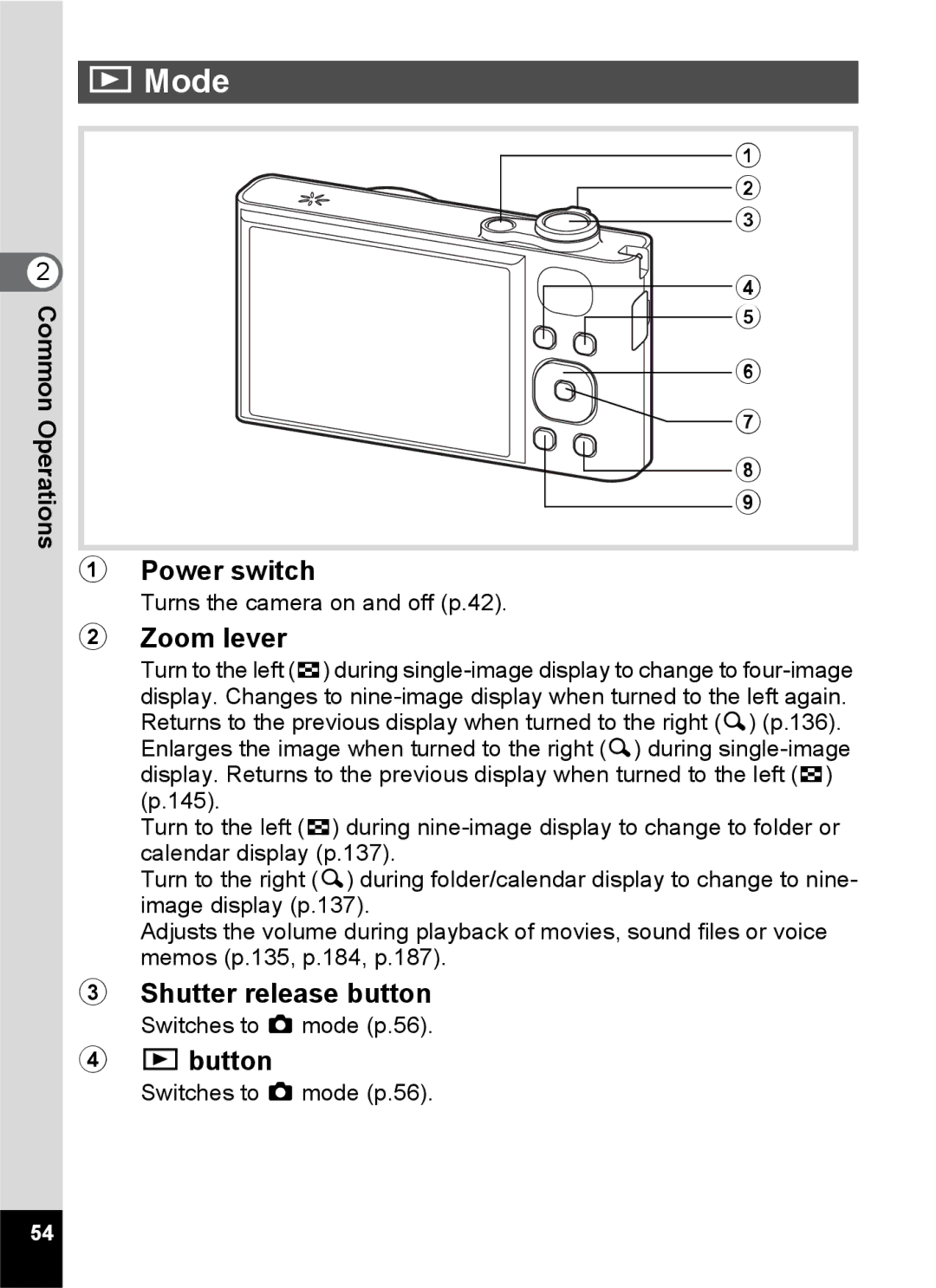 Pentax 14161, 14191, 14176 specifications Switches to a mode p.56 