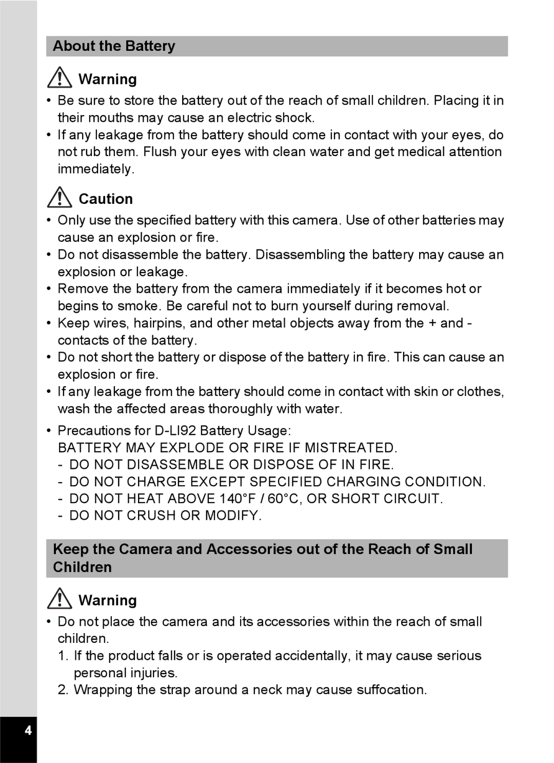 Pentax 14191, 14176, 14161 specifications About the Battery 