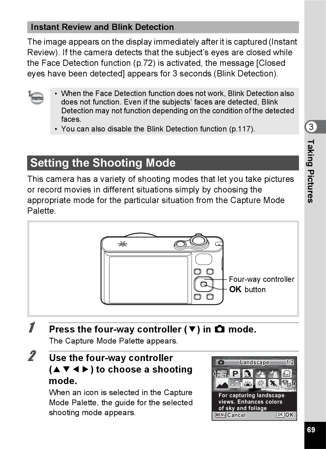 Pentax 14161 Setting the Shooting Mode, Press the four-way controller 3 in a mode, Instant Review and Blink Detection 