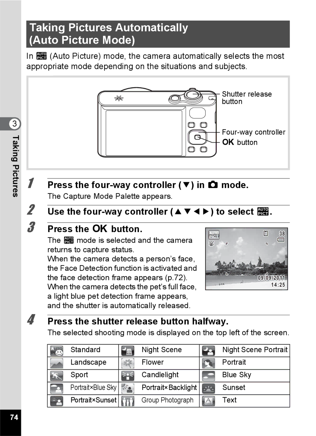 Pentax 14176 Taking Pictures Automatically Auto Picture Mode, Shutter release button Four-way controller 4 button, Text 