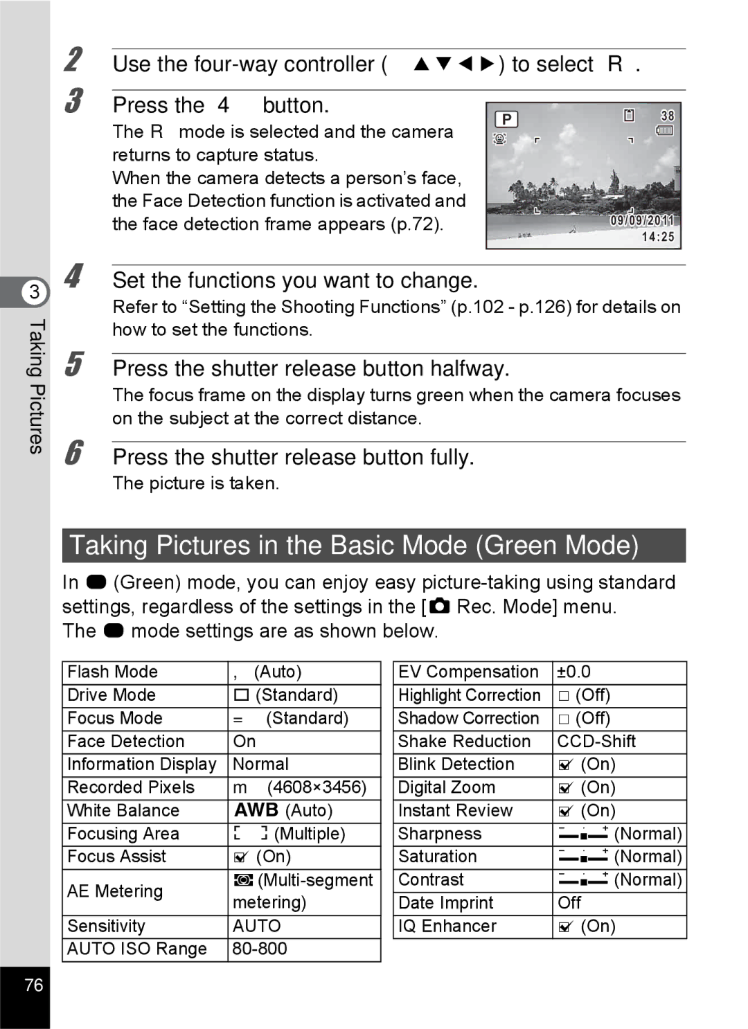 Pentax 14191, 14176 Taking Pictures in the Basic Mode Green Mode, Set the functions you want to change, Picture is taken 