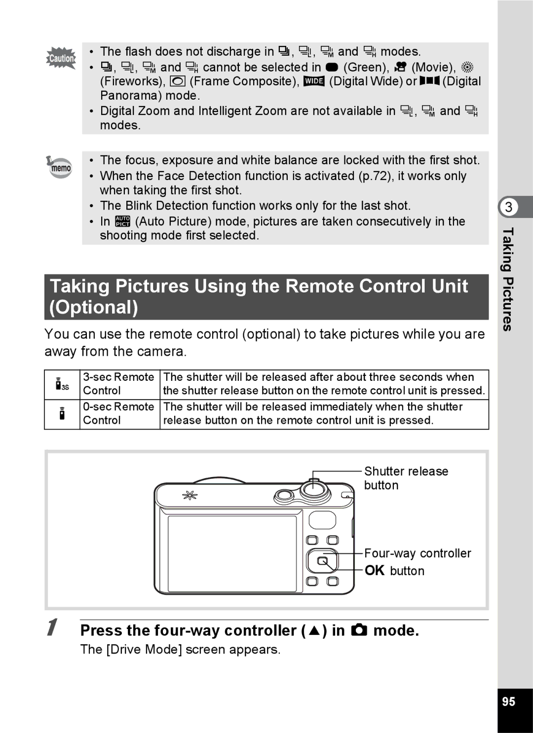 Pentax 14176, 14191, 14161 specifications Taking Pictures Using the Remote Control Unit Optional, Shutter release 