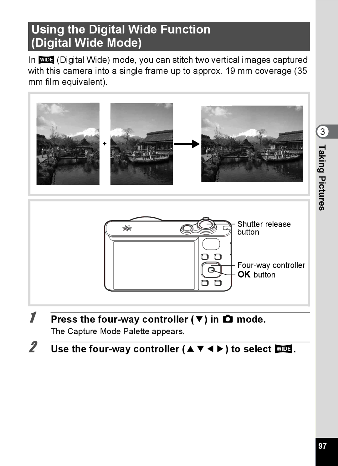 Pentax 14191, 14176, 14161 Using the Digital Wide Function Digital Wide Mode, Use the four-way controller 2345 to select 