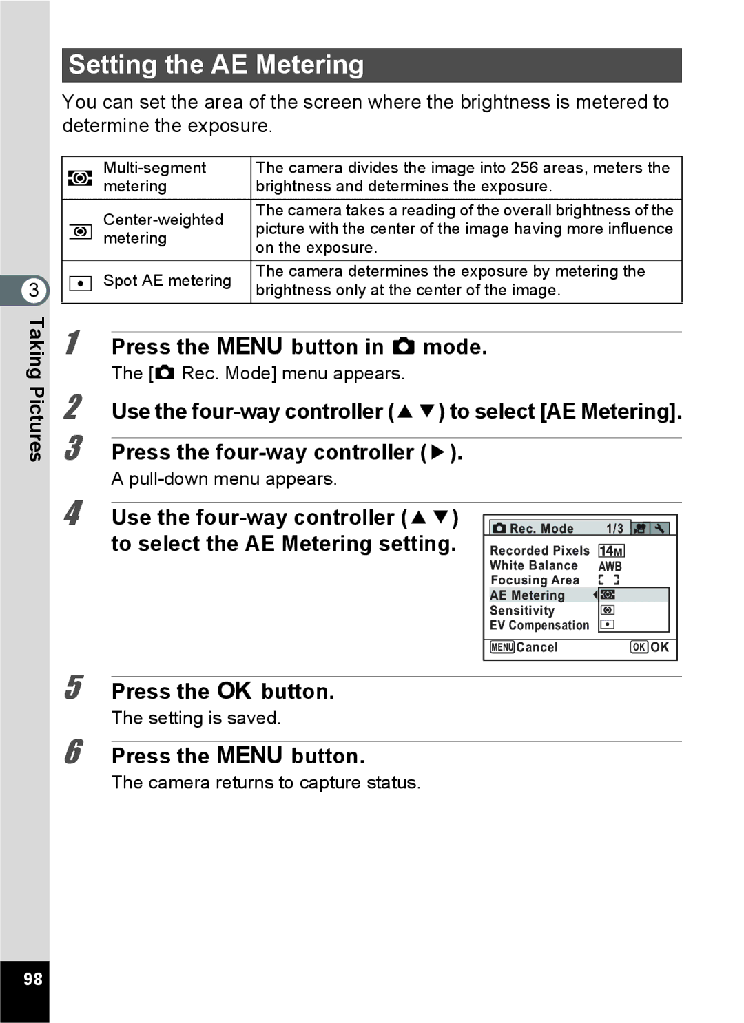 Pentax 15921 manual Setting the AE Metering 